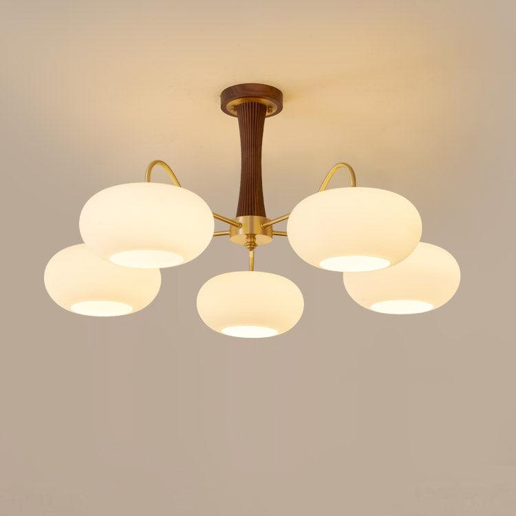 Brass Wooden Chandelier | Glass Shade | 3 or 5 Lights