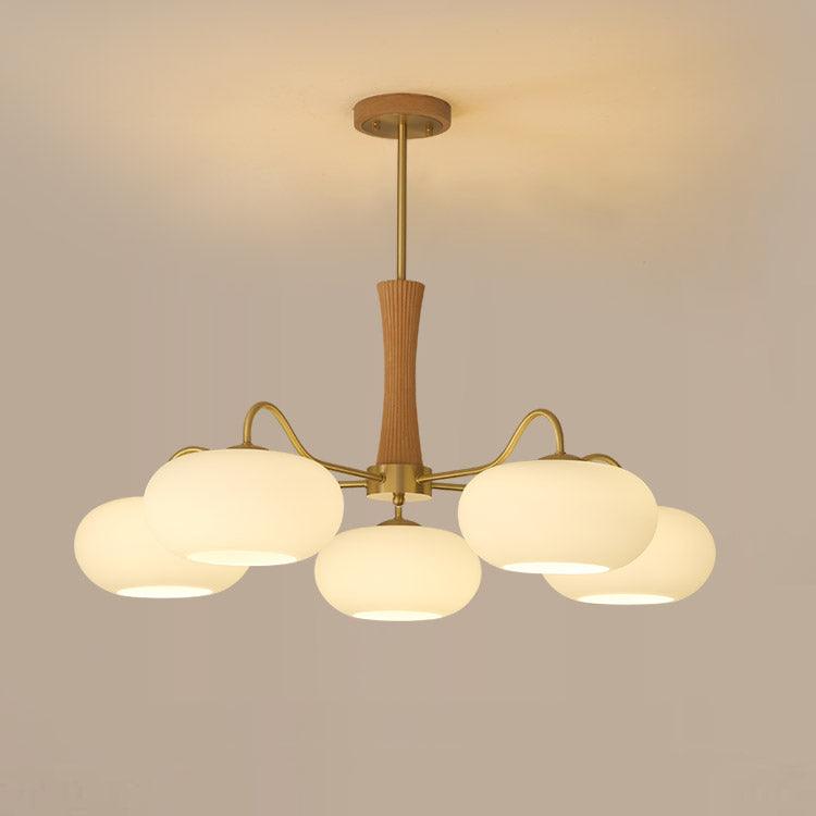 Brass Wooden Chandelier | Glass Shade | 3 or 5 Lights