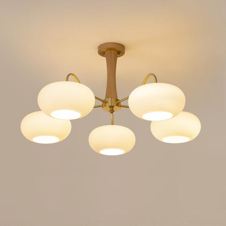 Brass Wooden Chandelier | Glass Shade | 3 or 5 Lights