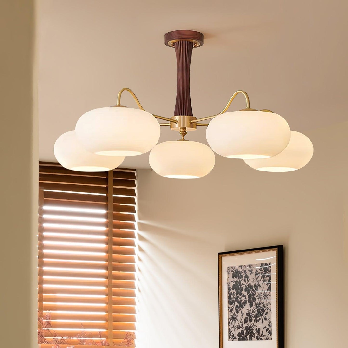 Brass Wooden Chandelier | Glass Shade | 3 or 5 Lights