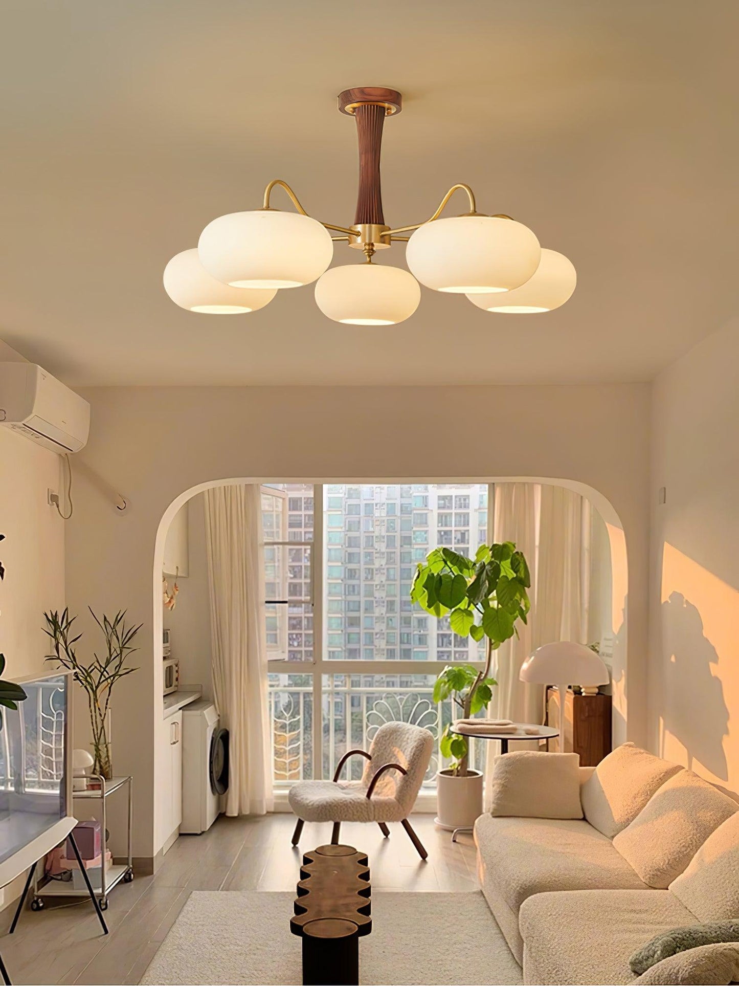 Brass Wooden Chandelier | Glass Shade | 3 or 5 Lights