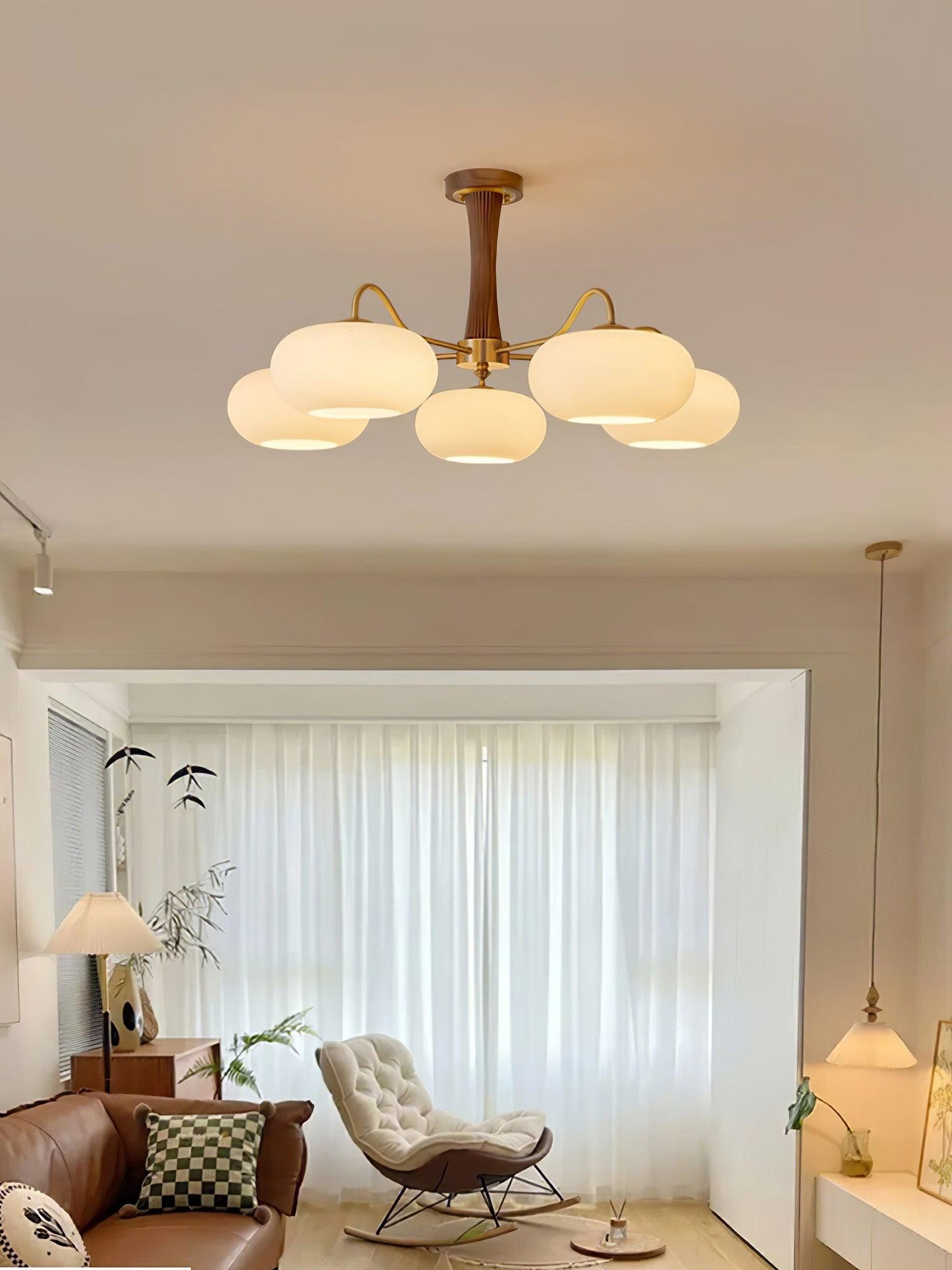 Brass Wooden Chandelier | Glass Shade | 3 or 5 Lights