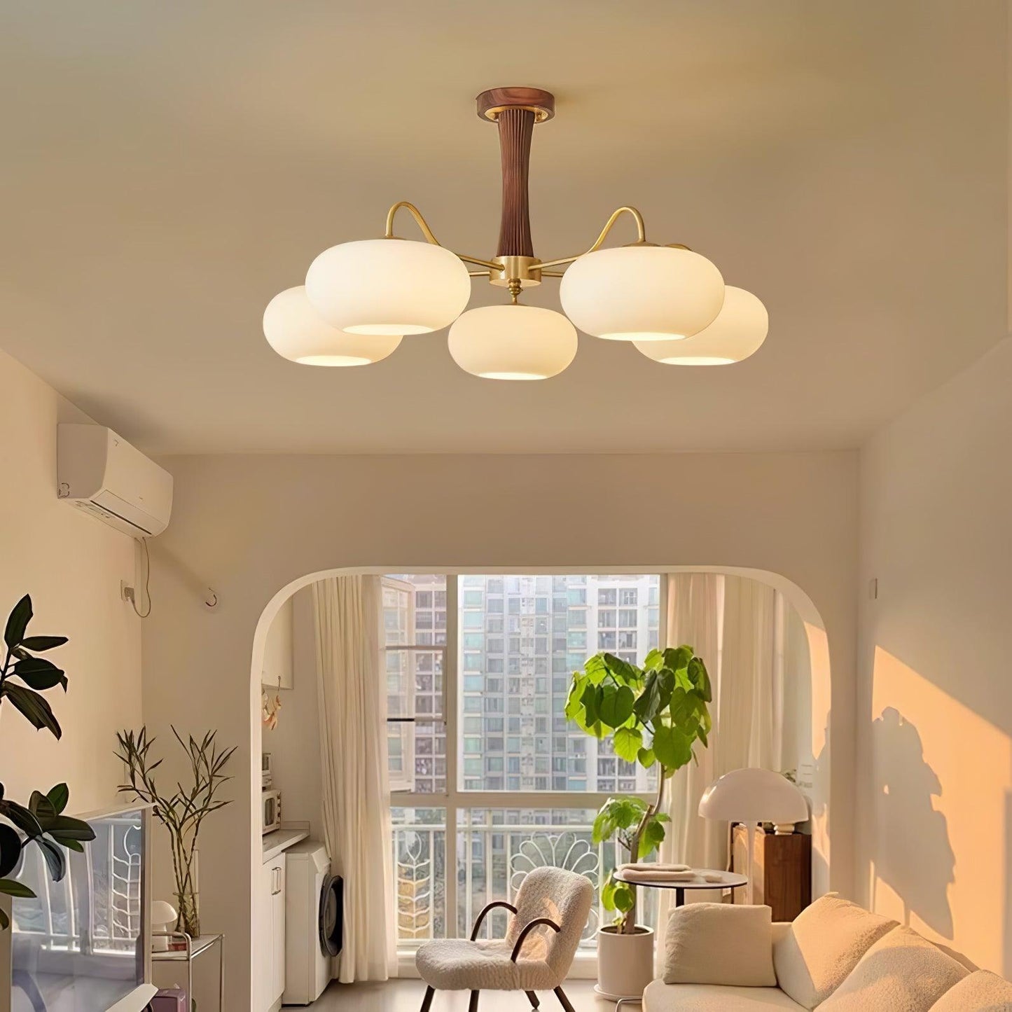Brass Wooden Chandelier | Glass Shade | 3 or 5 Lights