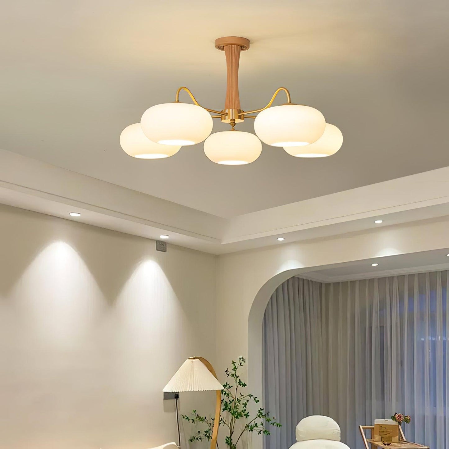 Brass Wooden Chandelier | Glass Shade | 3 or 5 Lights