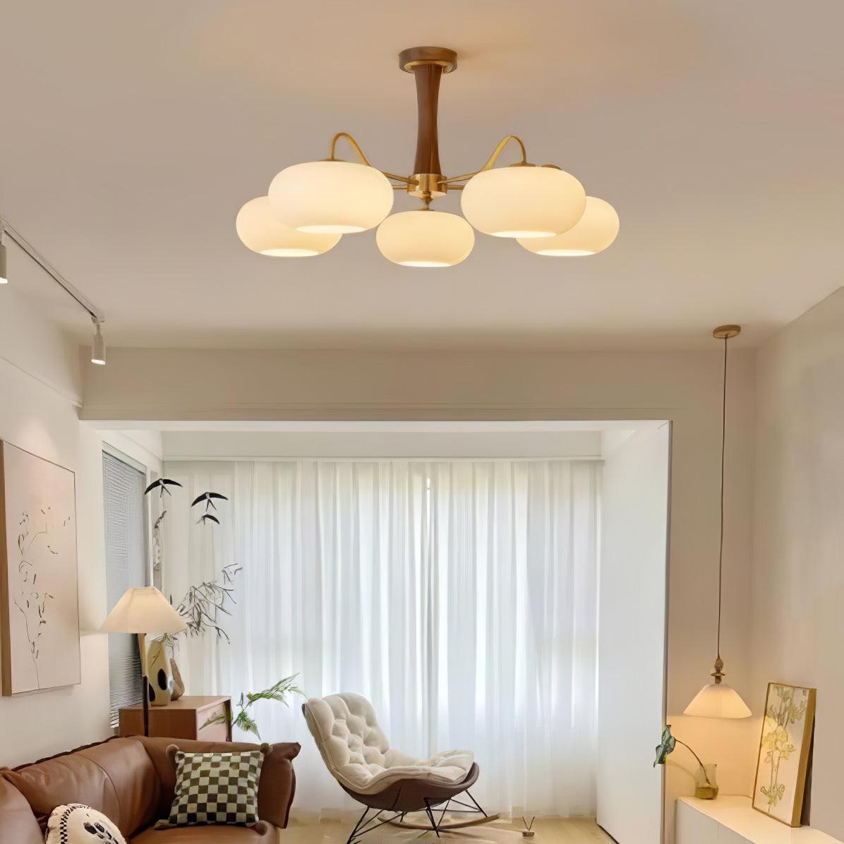 Brass Wooden Chandelier | Glass Shade | 3 or 5 Lights
