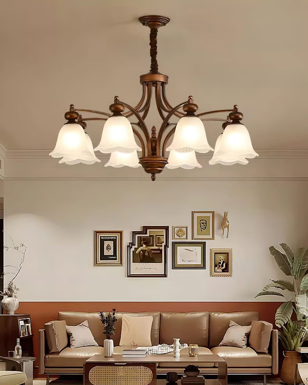 Bellrose Chandelier | Metal & Frosted Glass | Reddish Brown, 3-10 Lights