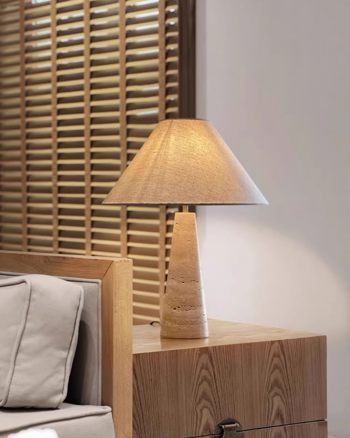 Travertine Table Lamp | Beige Fabric Shade | Modern Design