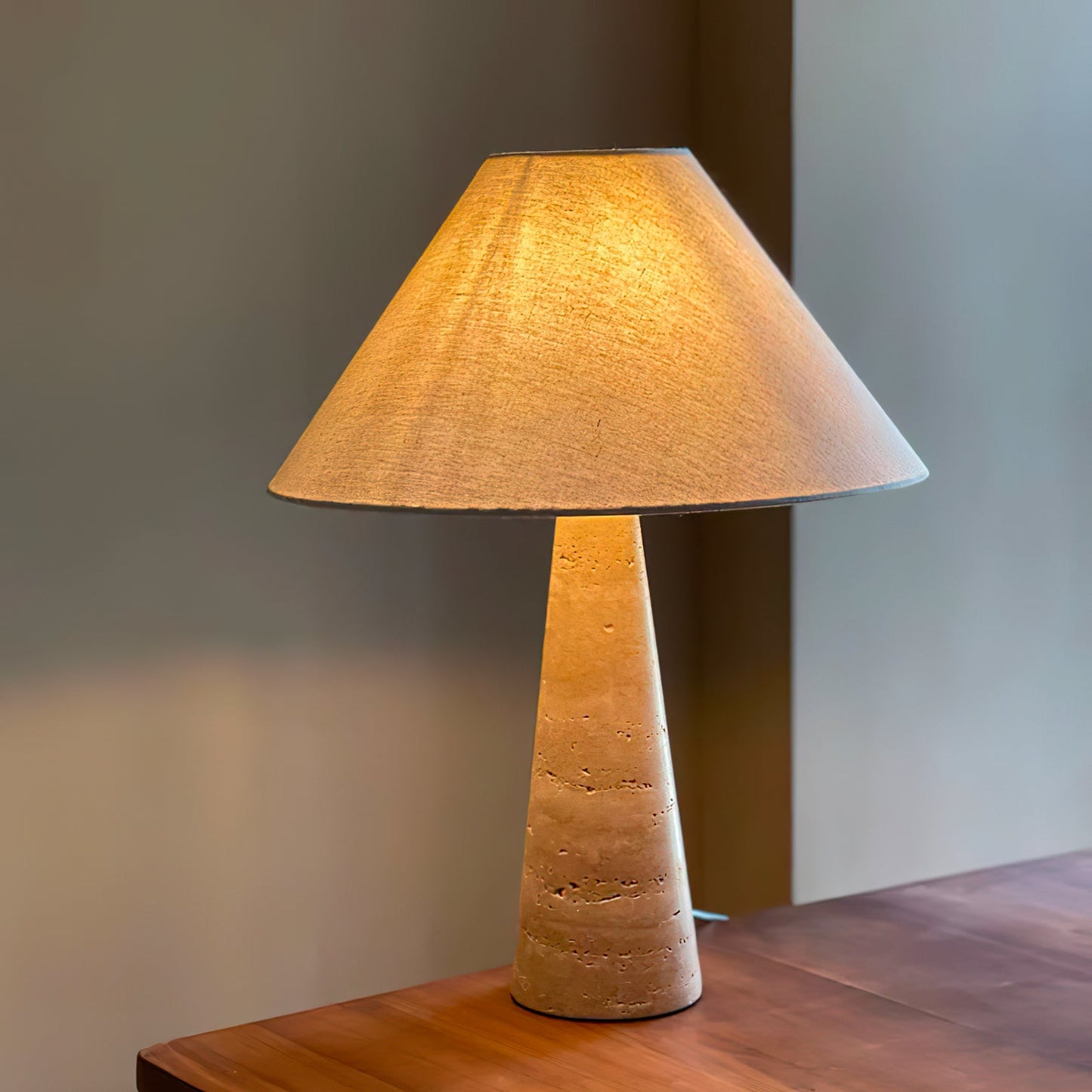 Travertine Table Lamp | Beige Fabric Shade | Modern Design