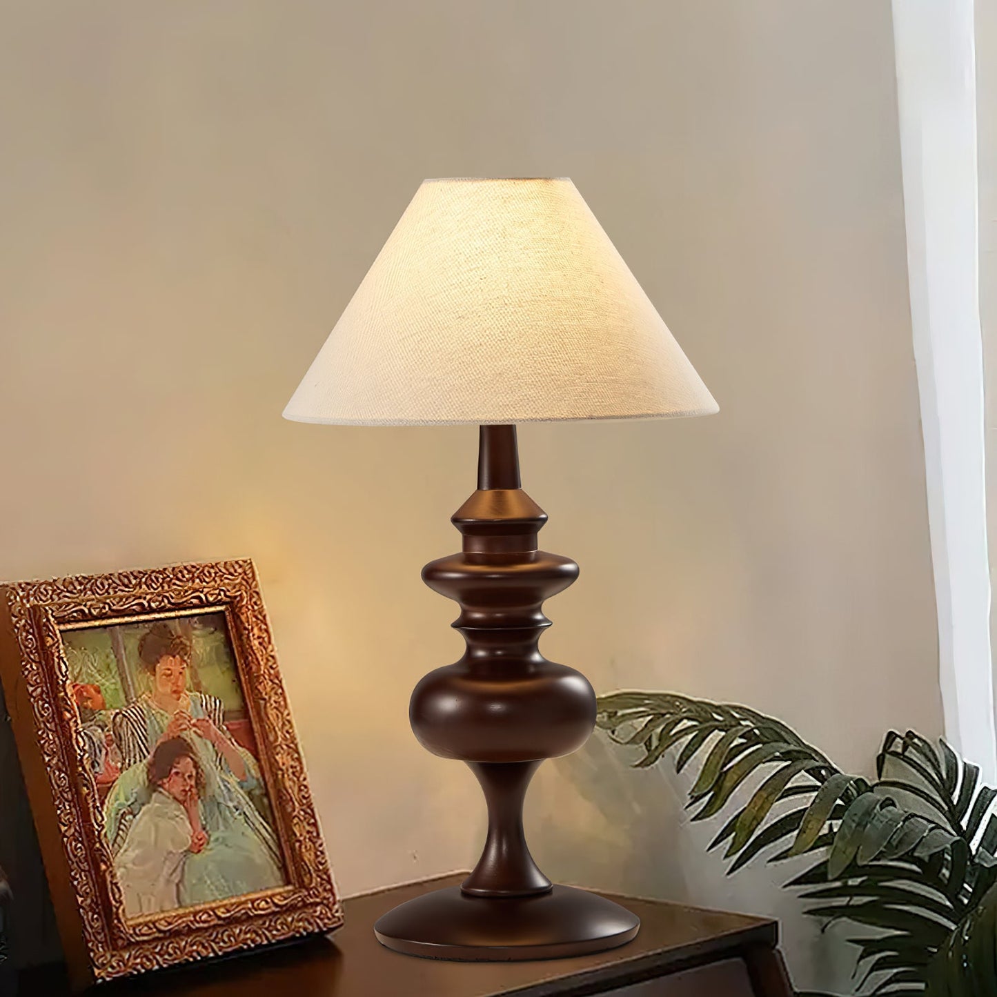 Canora Table Lamp | Walnut Wood Base & Beige Fabric Shade | Retro Design