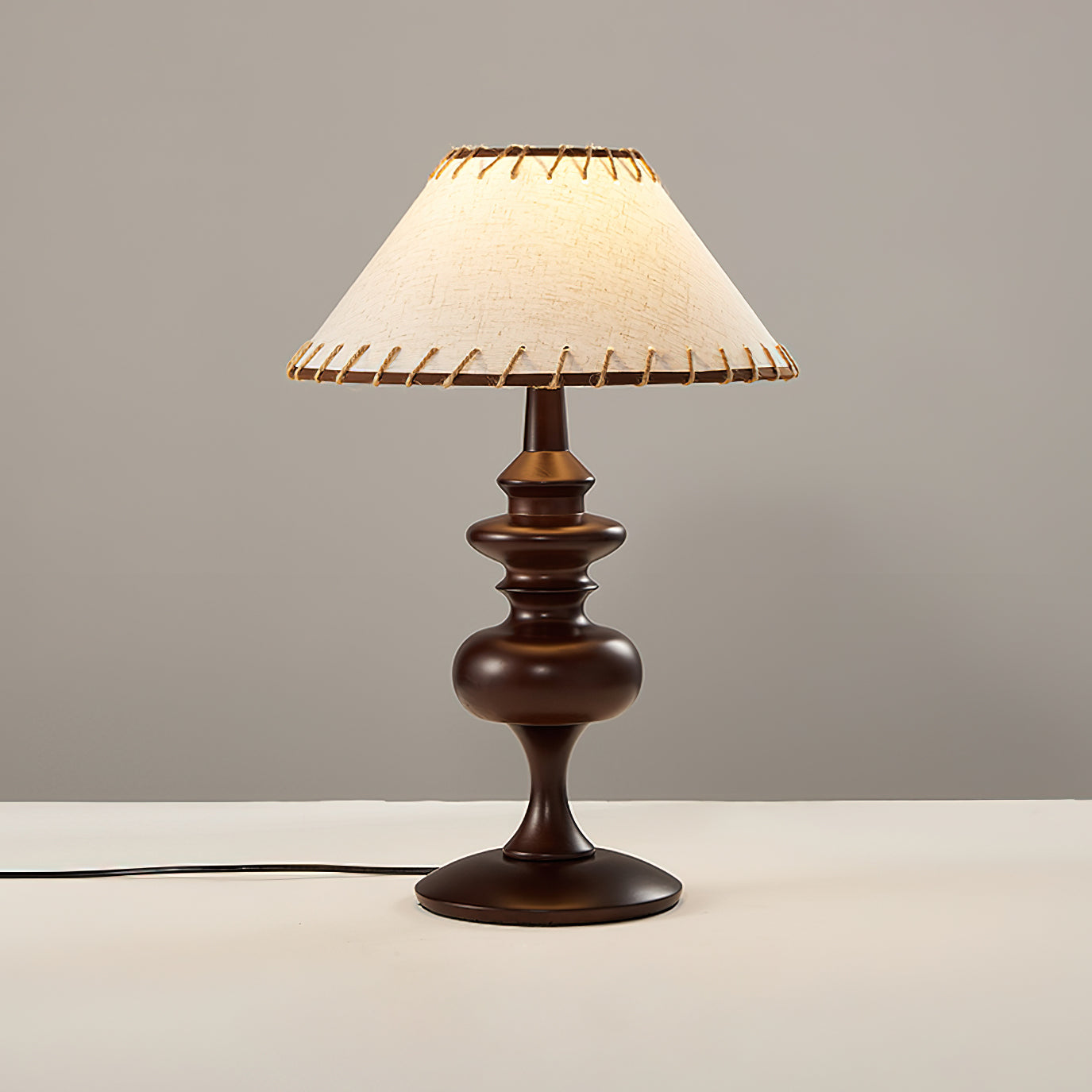 Canora Table Lamp | Walnut Wood Base & Beige Fabric Shade | Retro Design