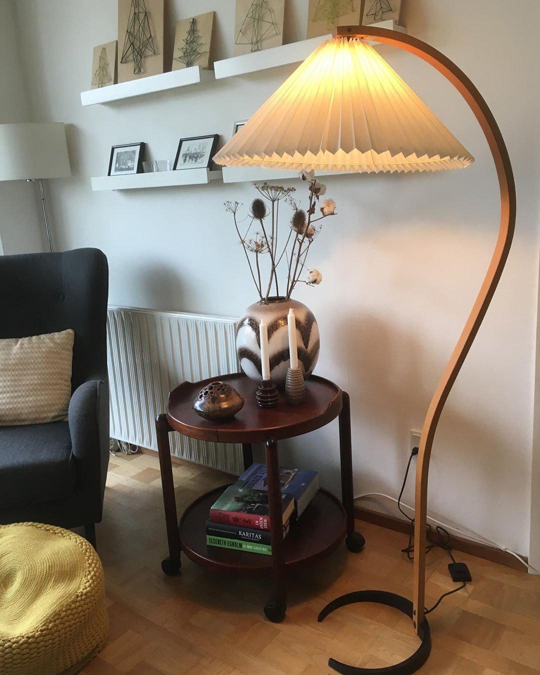Mid-Century Floor Lamp | Beech Wood & Linen | White, Beige, Brown