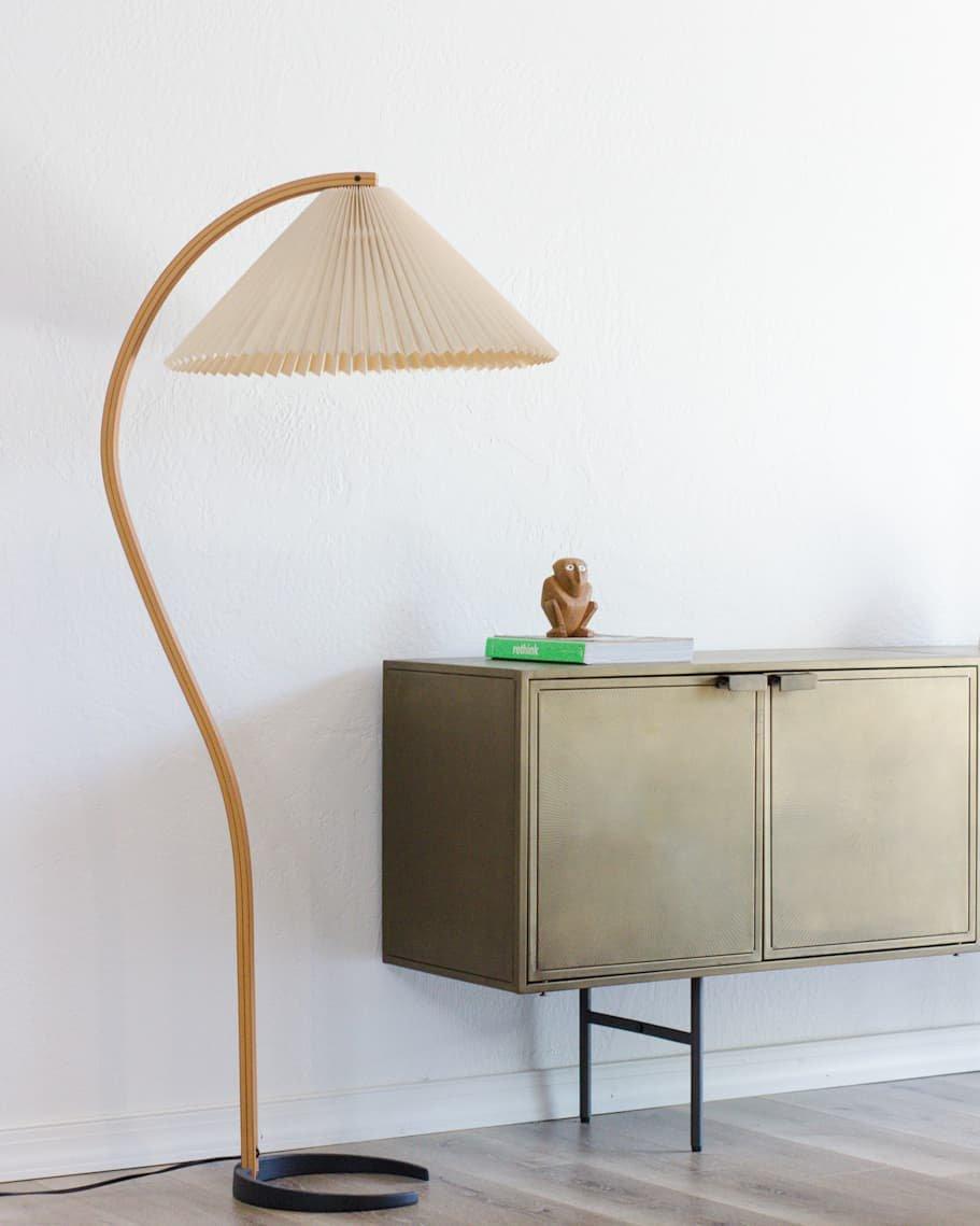 Mid-Century Floor Lamp | Beech Wood & Linen | White, Beige, Brown