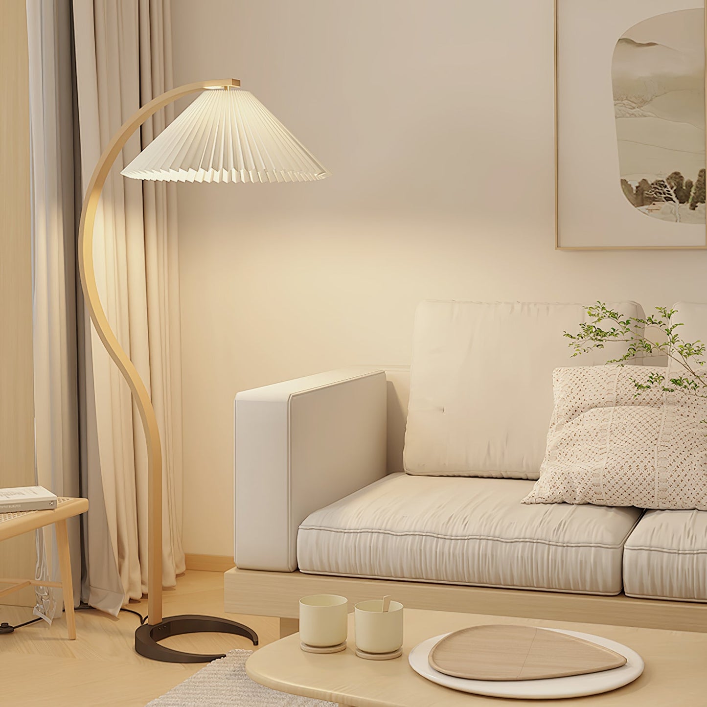 Mid-Century Floor Lamp | Beech Wood & Linen | White, Beige, Brown