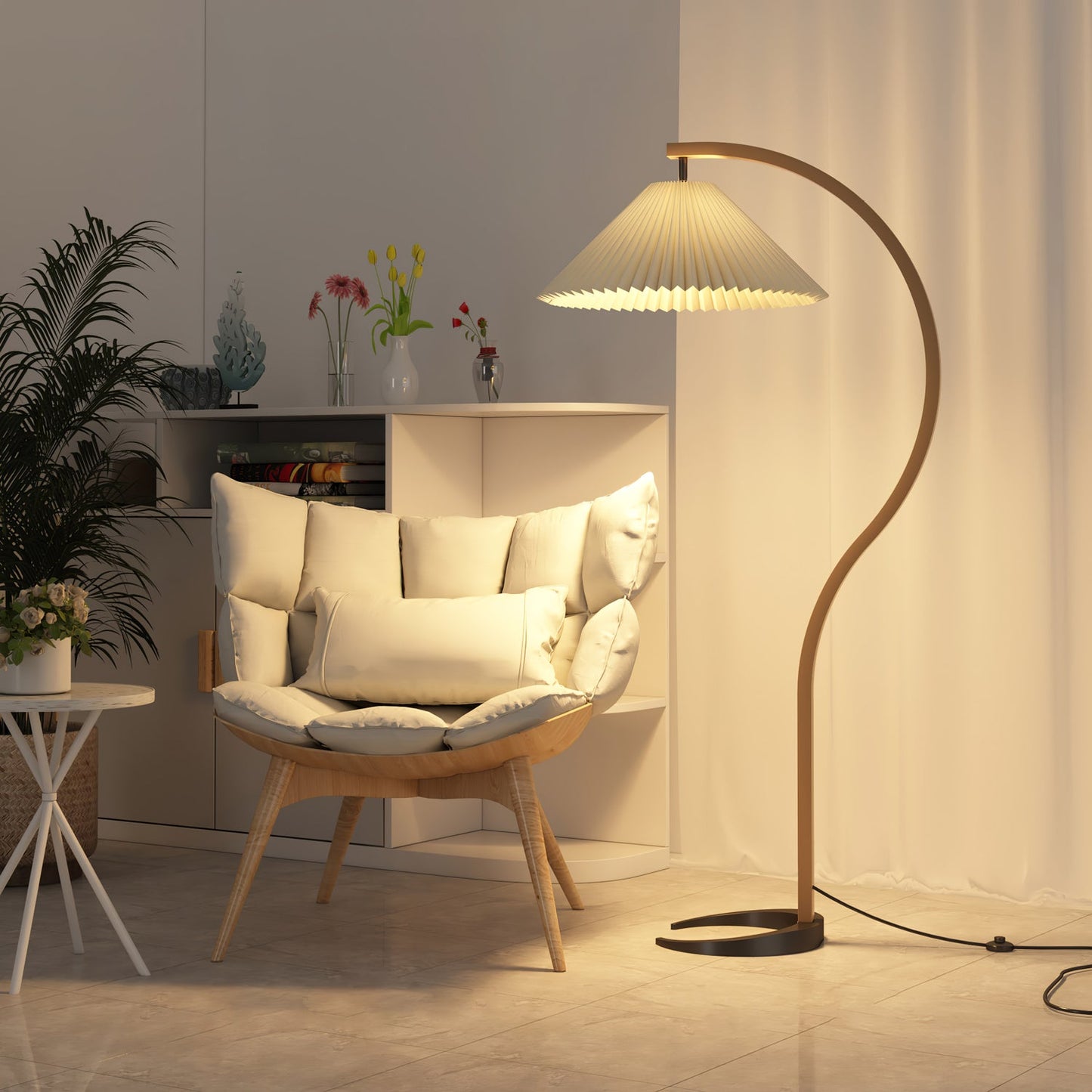 Mid-Century Floor Lamp | Beech Wood & Linen | White, Beige, Brown