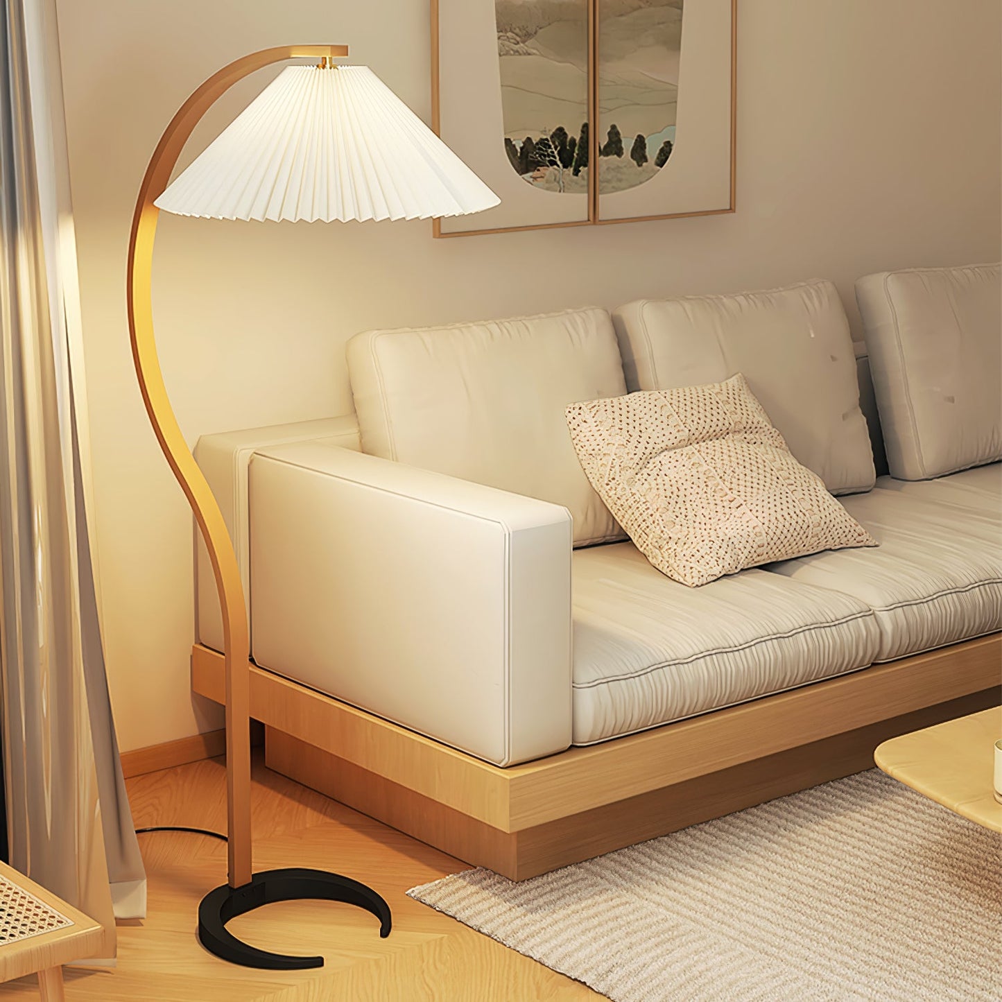Mid-Century Floor Lamp | Beech Wood & Linen | White, Beige, Brown