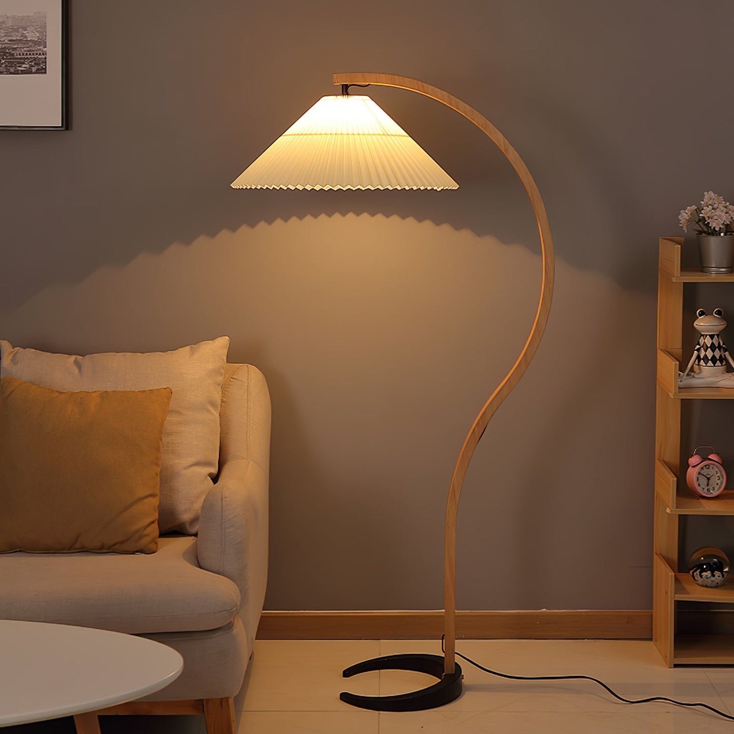 Mid-Century Floor Lamp | Beech Wood & Linen | White, Beige, Brown