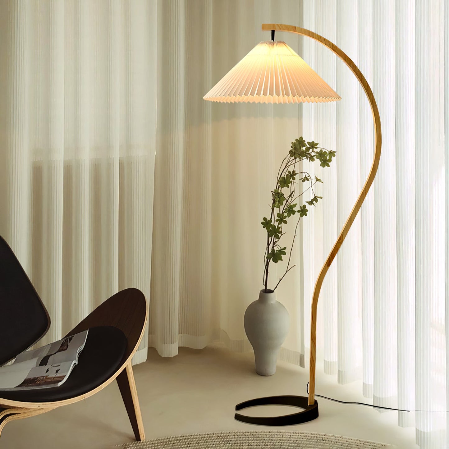 Mid-Century Floor Lamp | Beech Wood & Linen | White, Beige, Brown