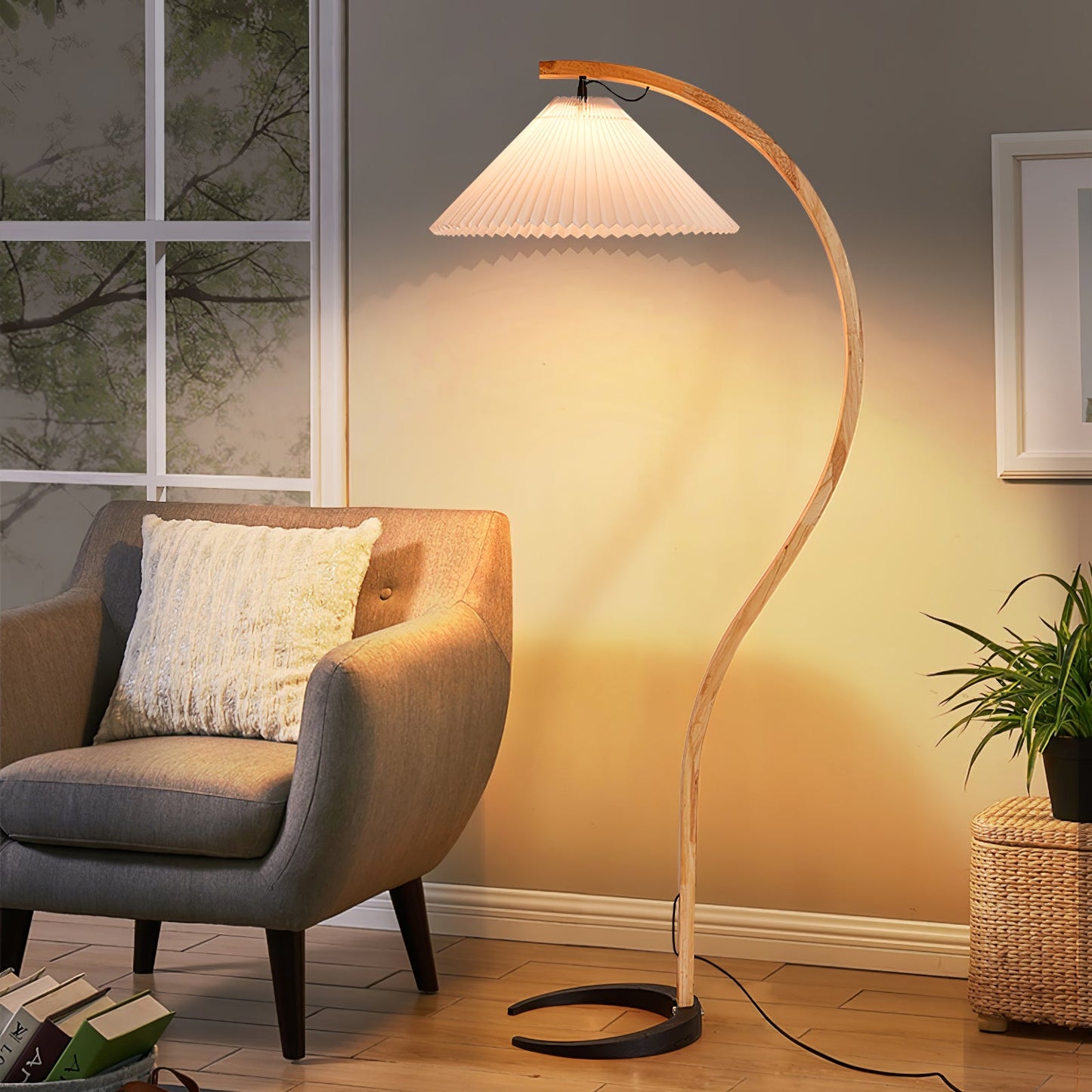 Mid-Century Floor Lamp | Beech Wood & Linen | White, Beige, Brown