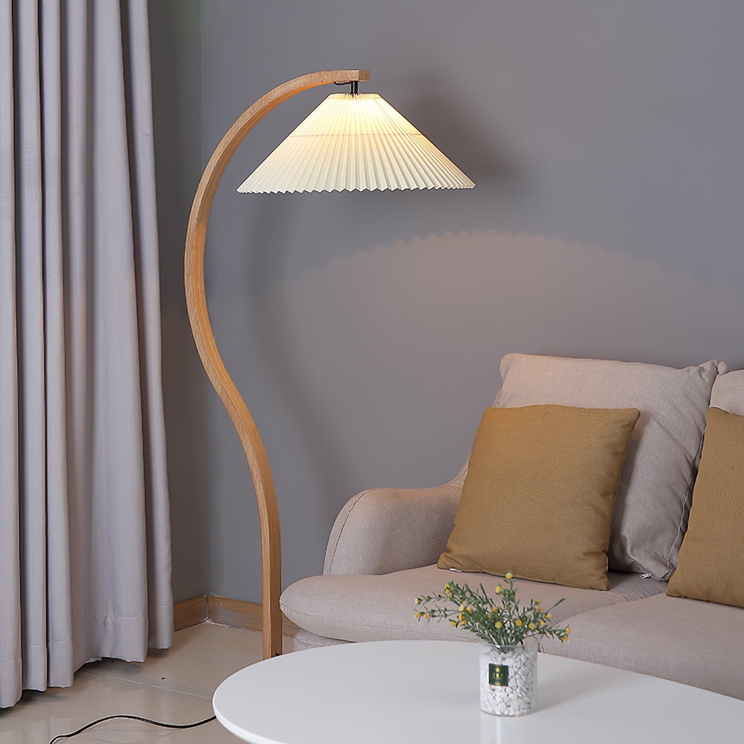 Mid-Century Floor Lamp | Beech Wood & Linen | White, Beige, Brown