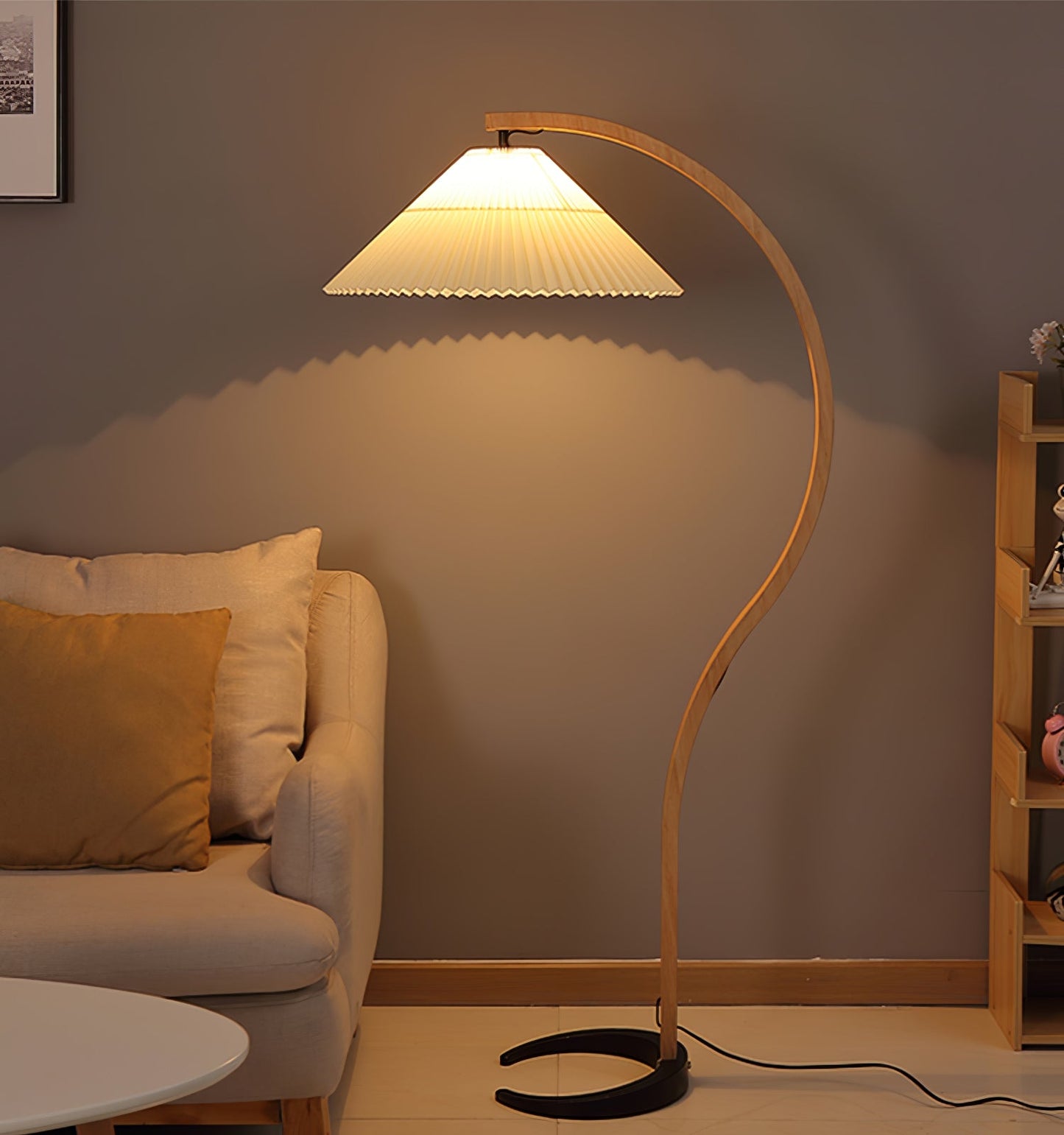 Mid-Century Floor Lamp | Beech Wood & Linen | White, Beige, Brown