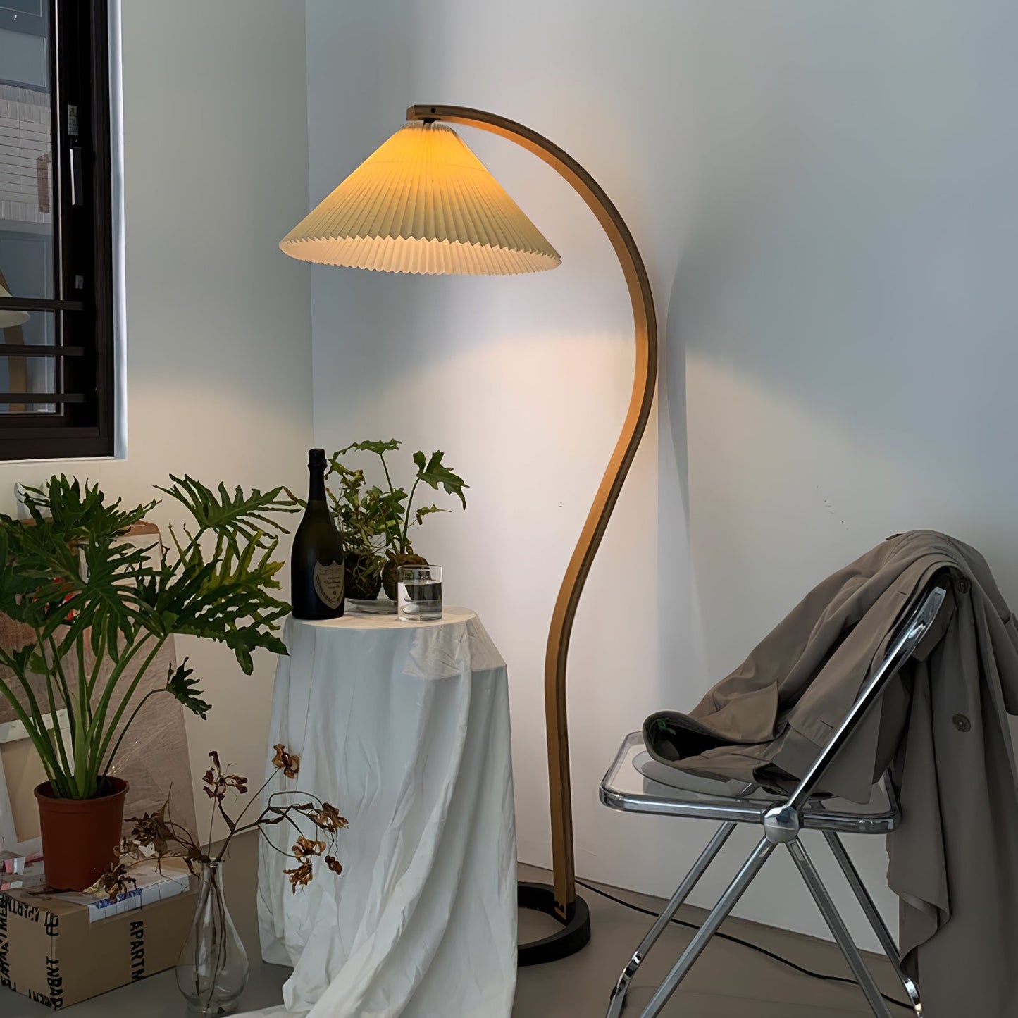 Mid-Century Floor Lamp | Beech Wood & Linen | White, Beige, Brown