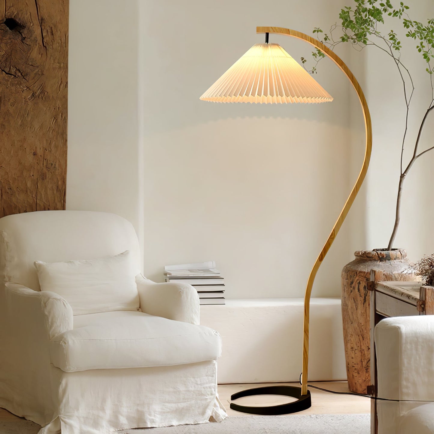 Mid-Century Floor Lamp | Beech Wood & Linen | White, Beige, Brown