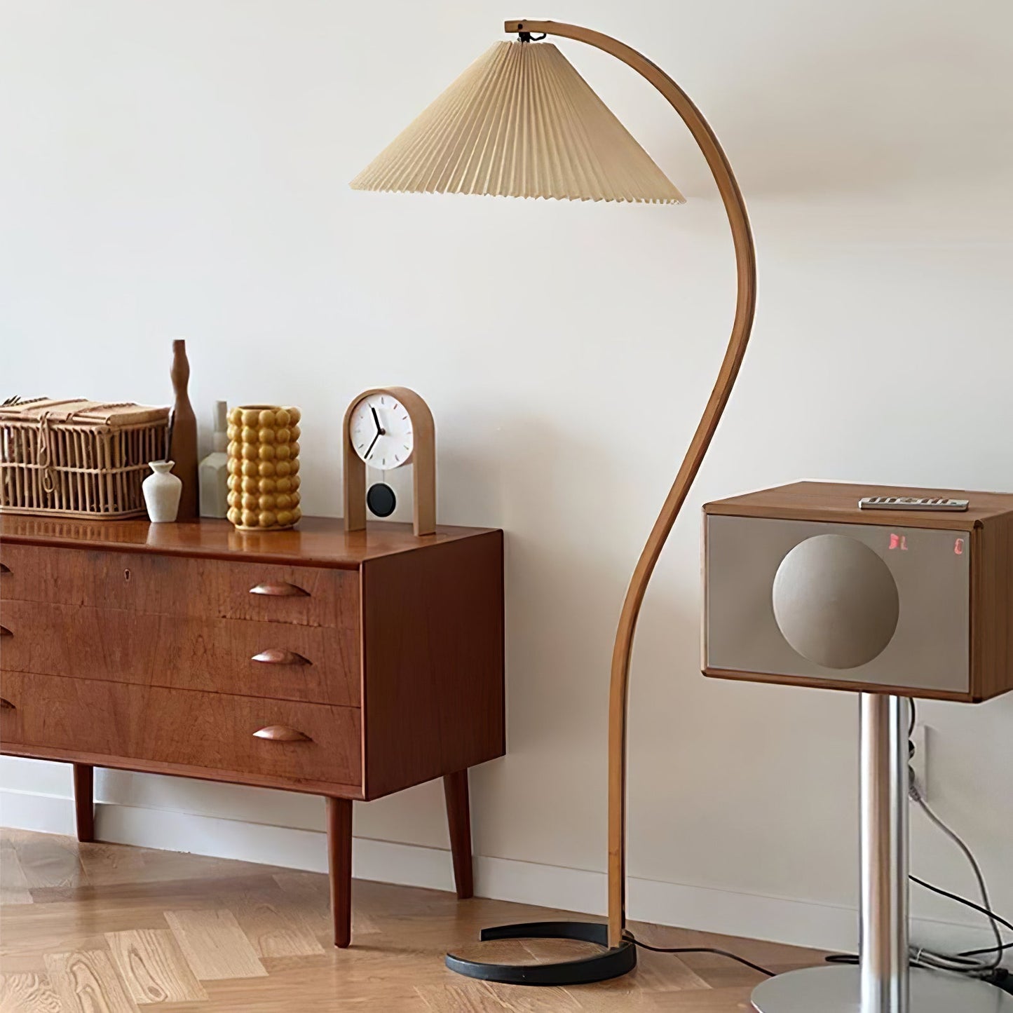 Mid-Century Floor Lamp | Beech Wood & Linen | White, Beige, Brown