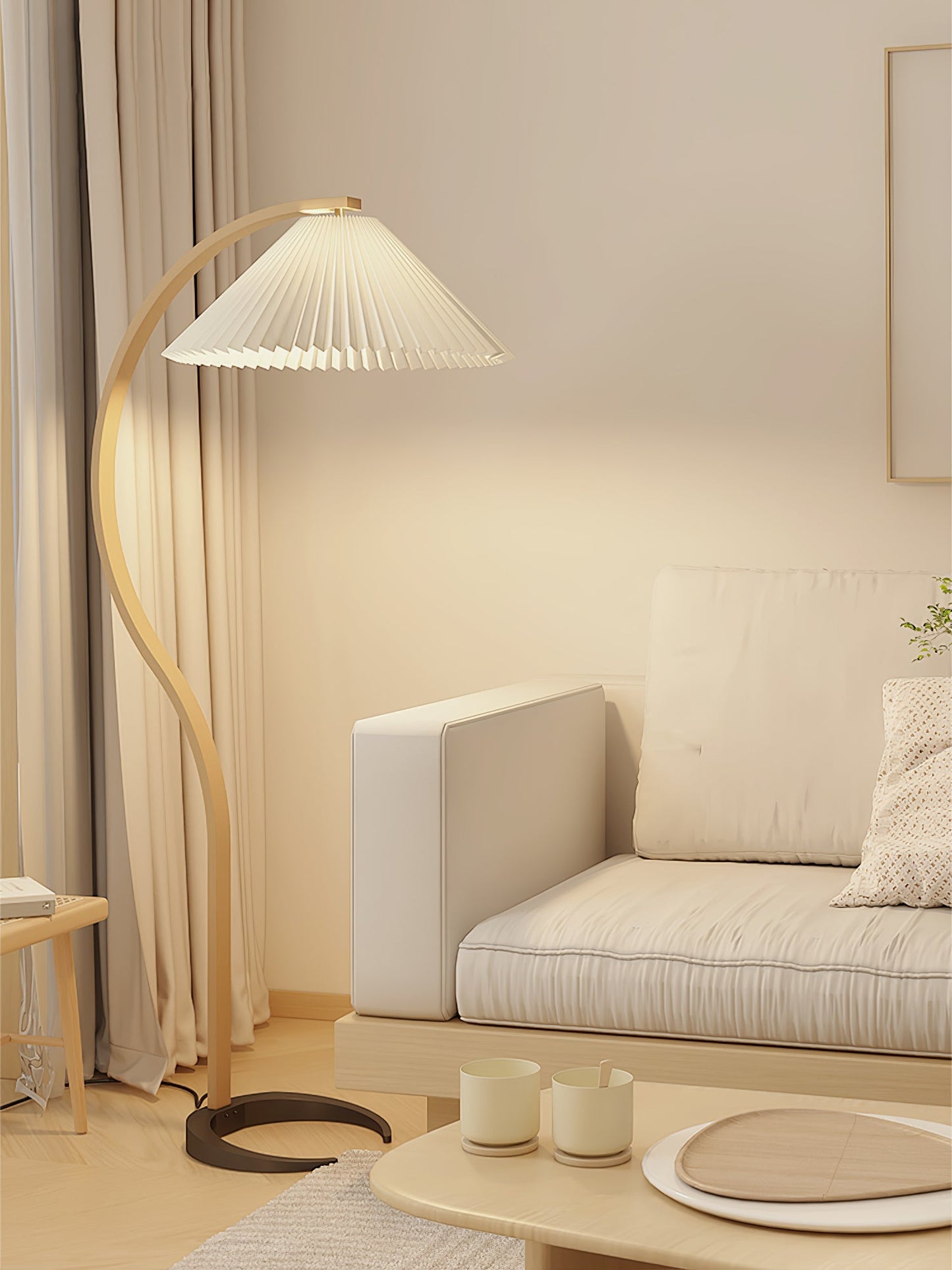 Mid-Century Floor Lamp | Beech Wood & Linen | White, Beige, Brown