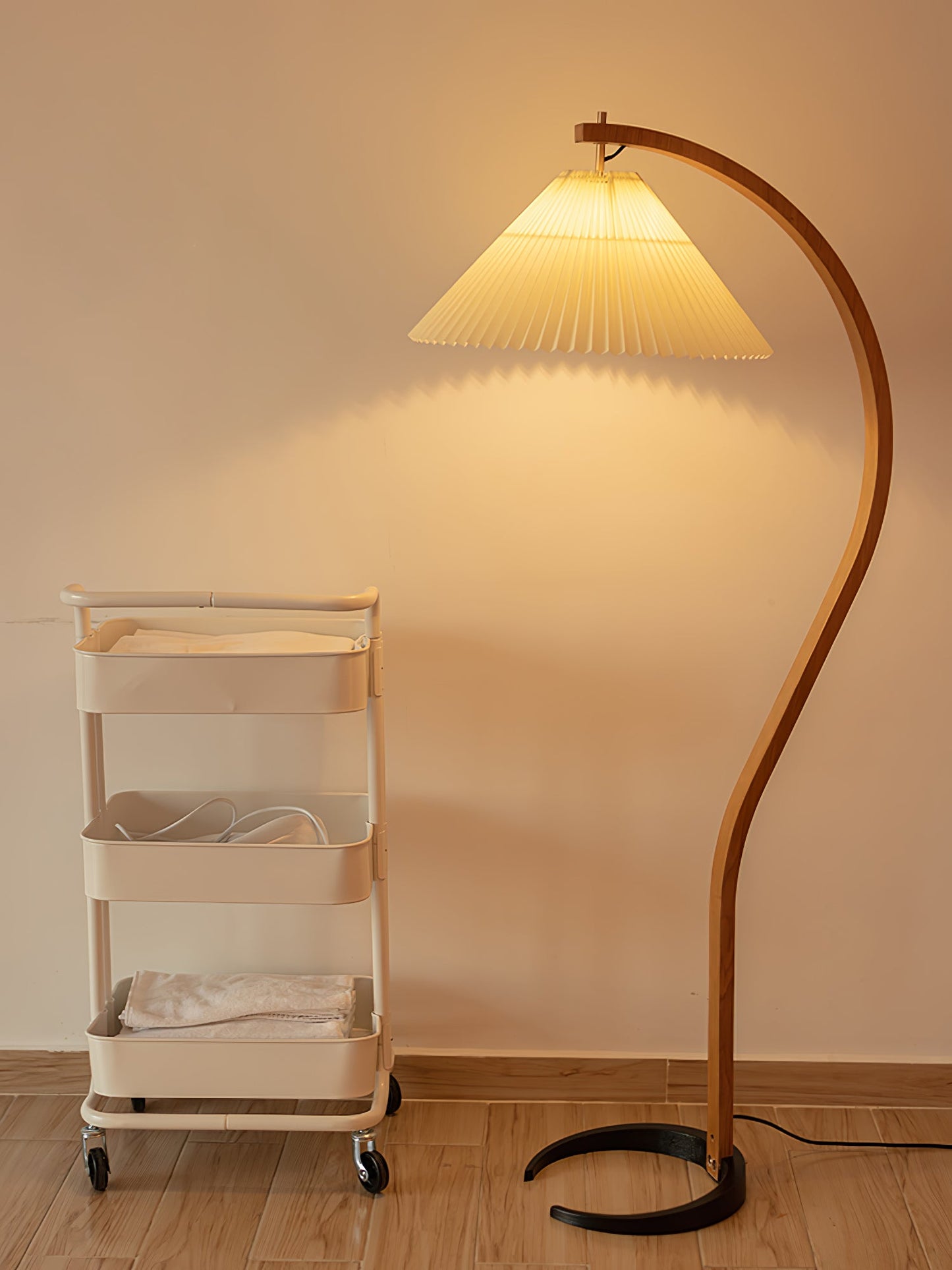 Mid-Century Floor Lamp | Beech Wood & Linen | White, Beige, Brown