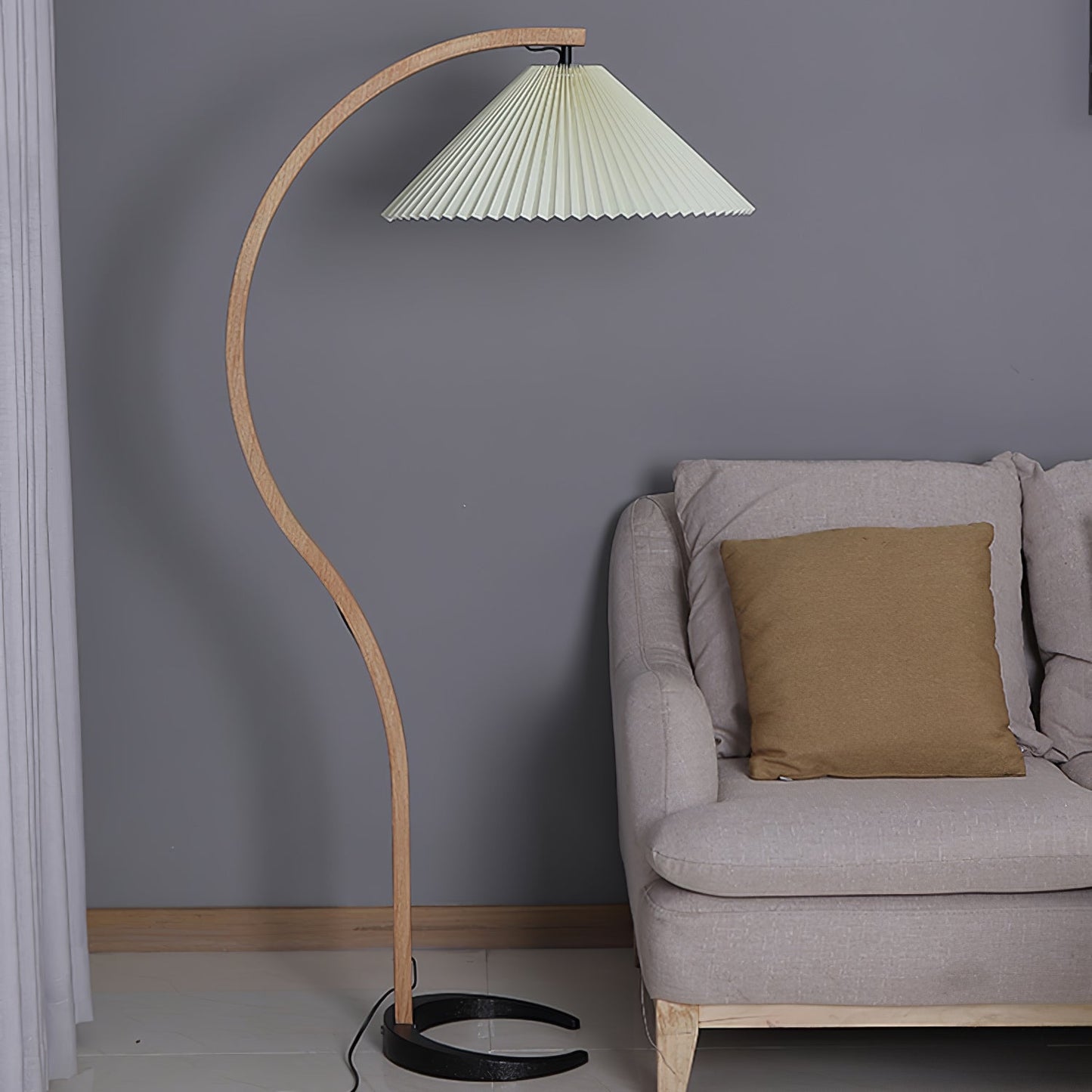 Mid-Century Floor Lamp | Beech Wood & Linen | White, Beige, Brown