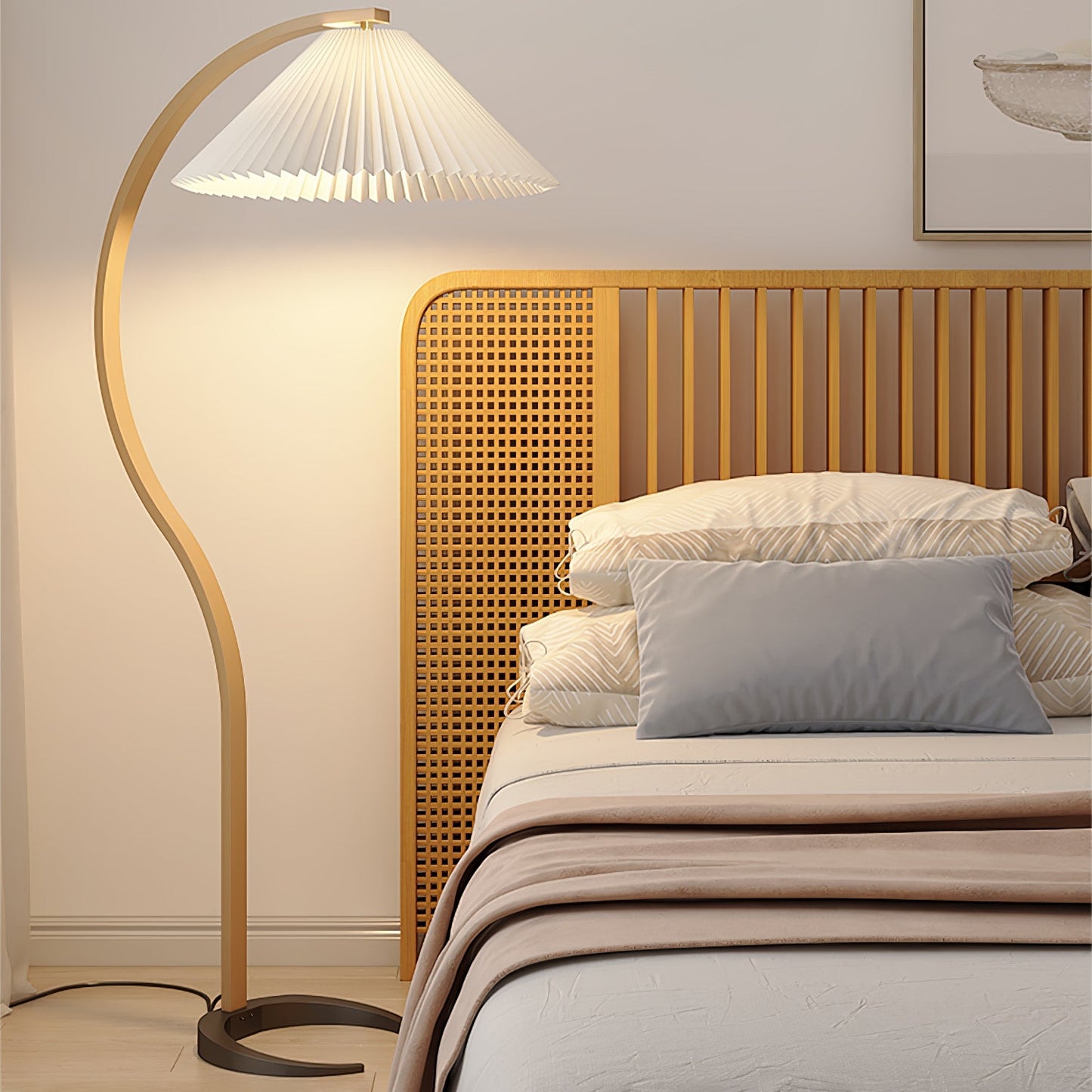 Mid-Century Floor Lamp | Beech Wood & Linen | White, Beige, Brown