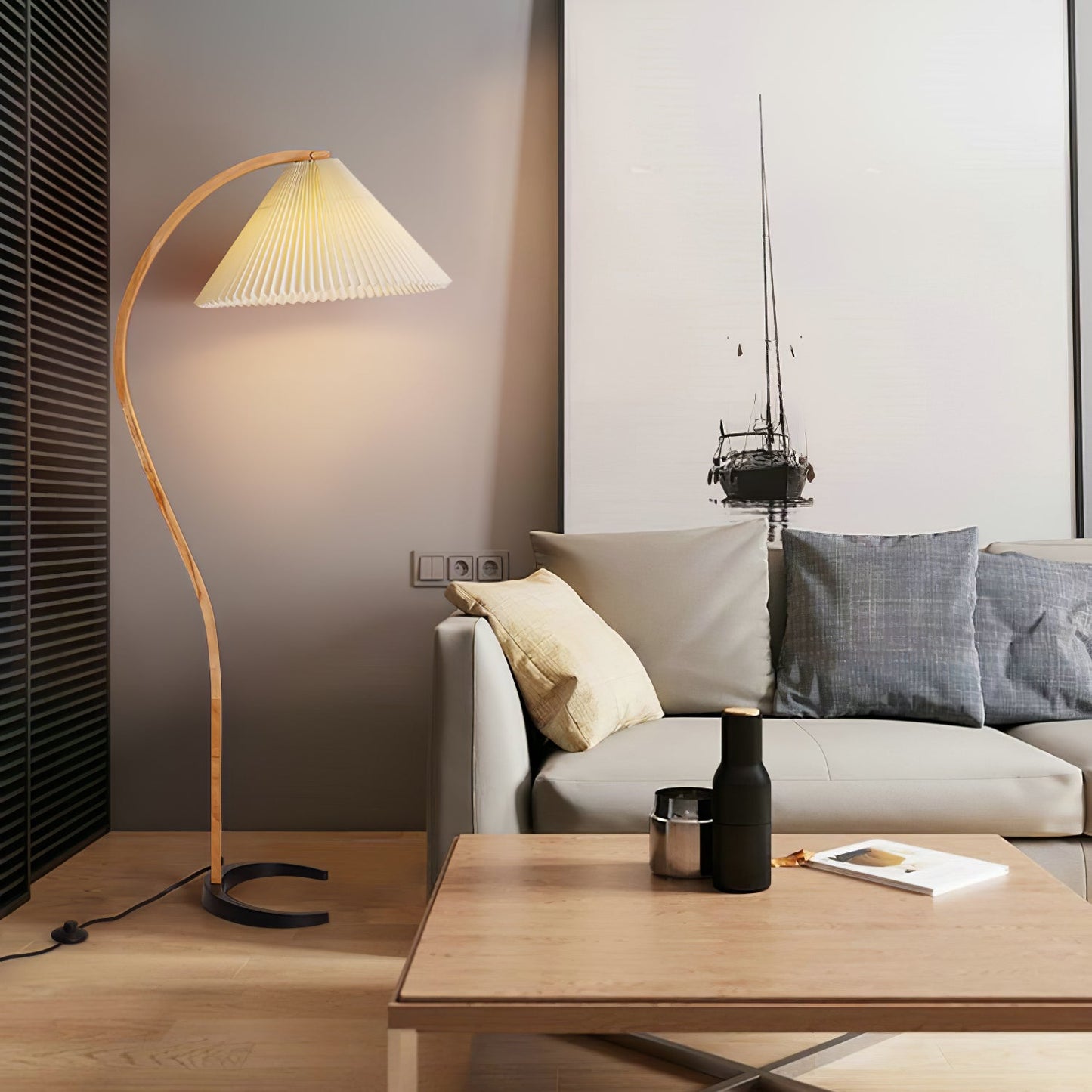 Mid-Century Floor Lamp | Beech Wood & Linen | White, Beige, Brown