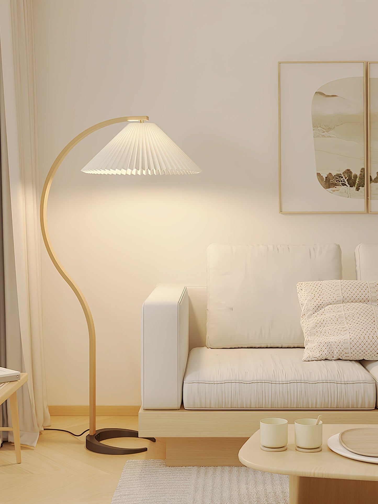 Mid-Century Floor Lamp | Beech Wood & Linen | White, Beige, Brown