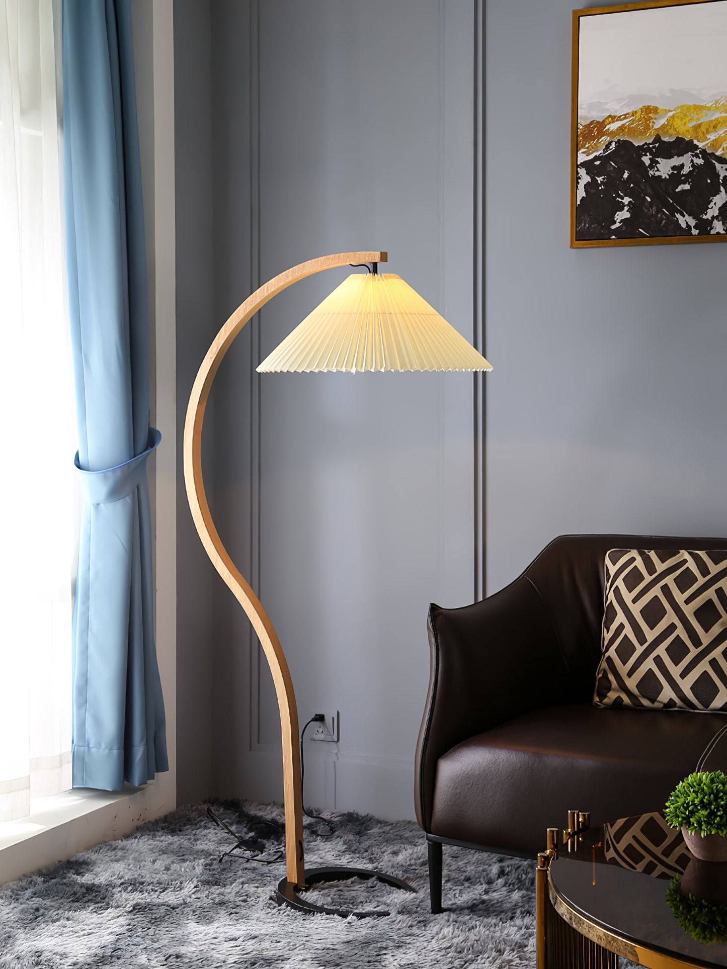 Mid-Century Floor Lamp | Beech Wood & Linen | White, Beige, Brown