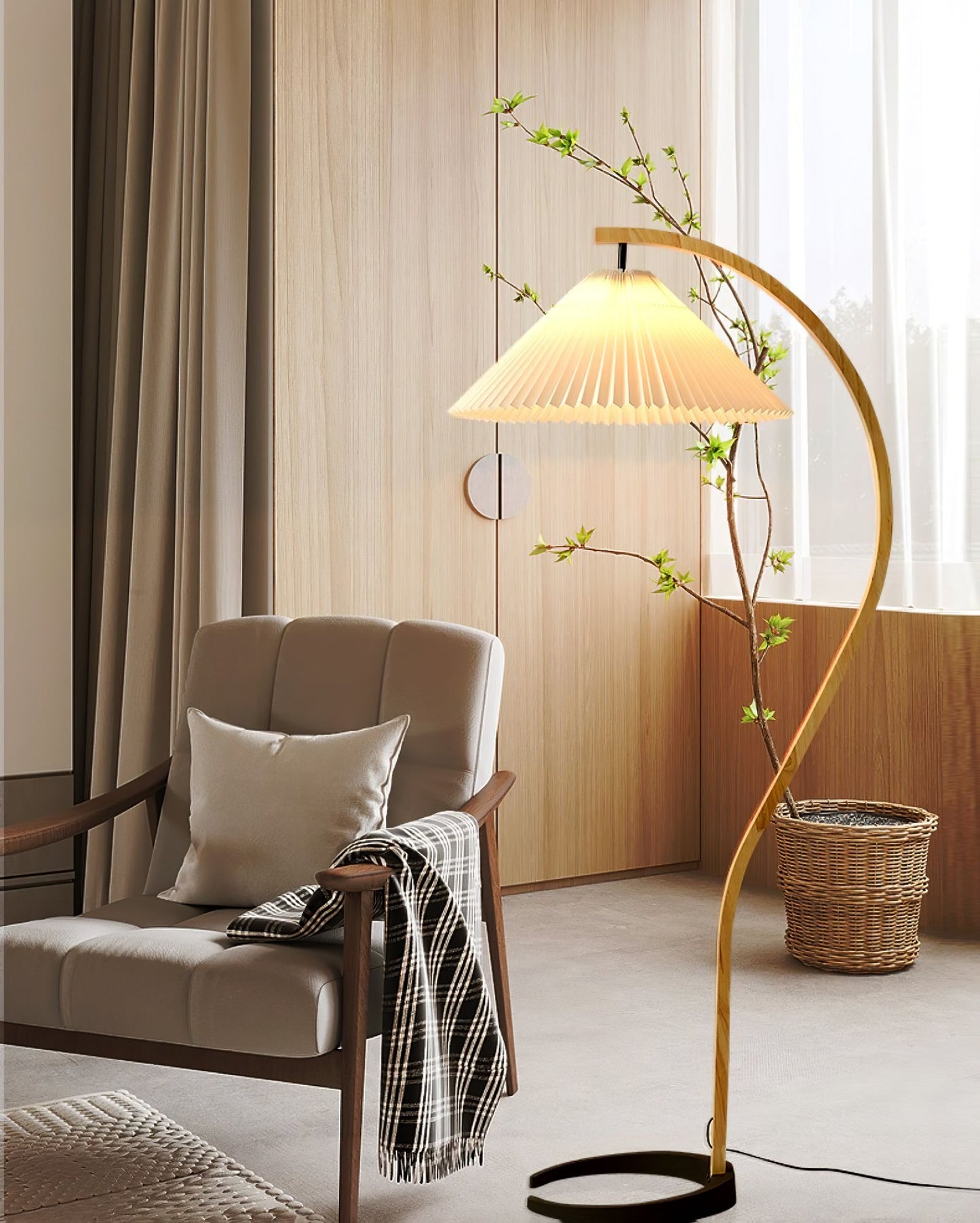 Mid-Century Floor Lamp | Beech Wood & Linen | White, Beige, Brown