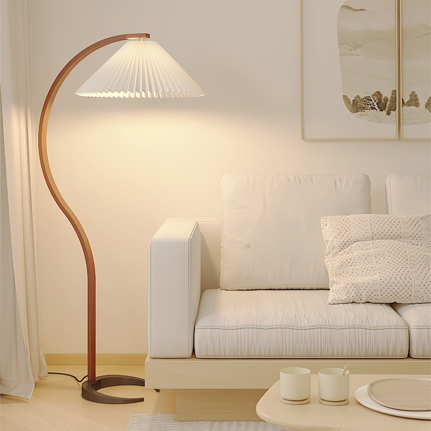 Mid-Century Floor Lamp | Beech Wood & Linen | White, Beige, Brown