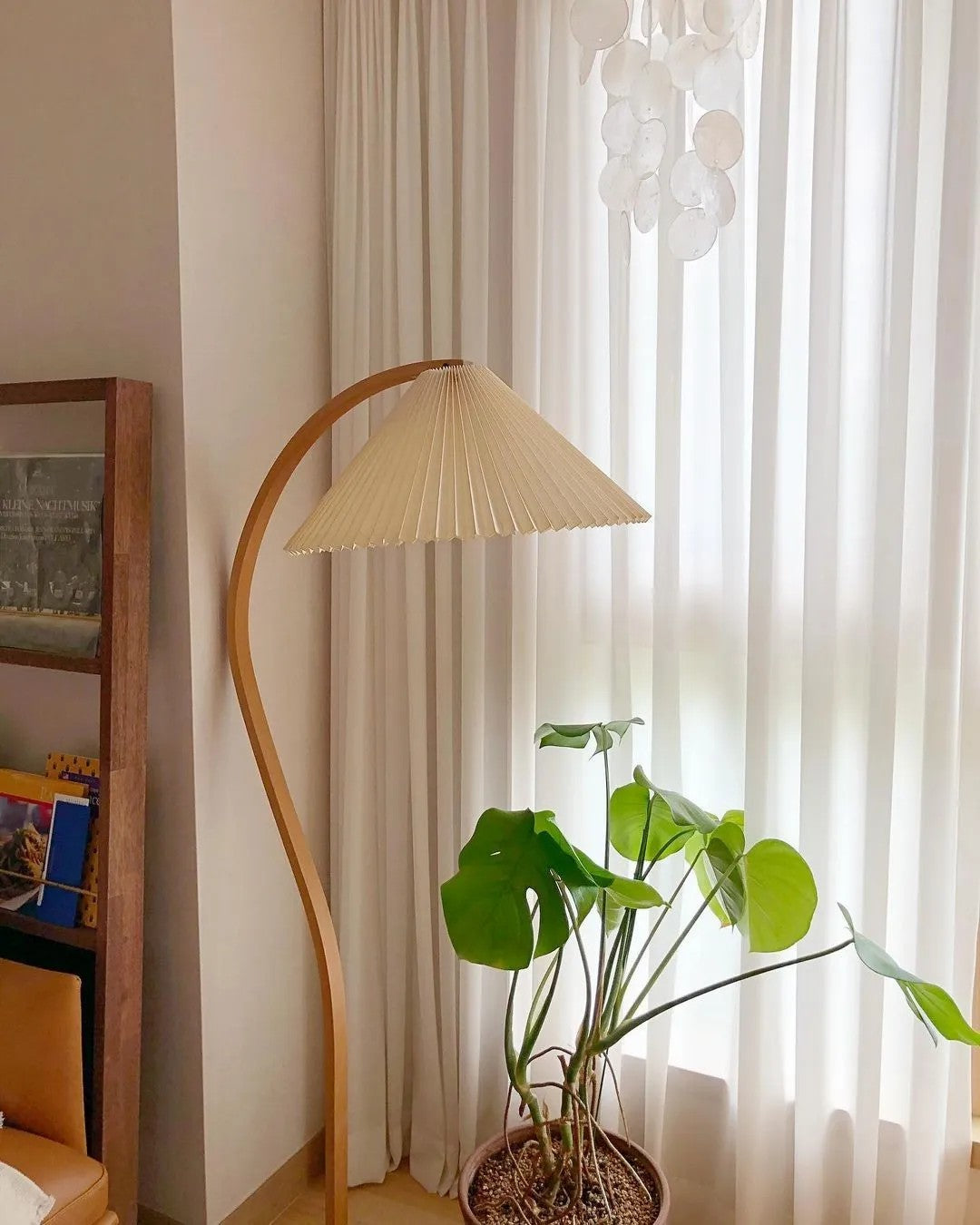 Mid-Century Floor Lamp | Beech Wood & Linen | White, Beige, Brown