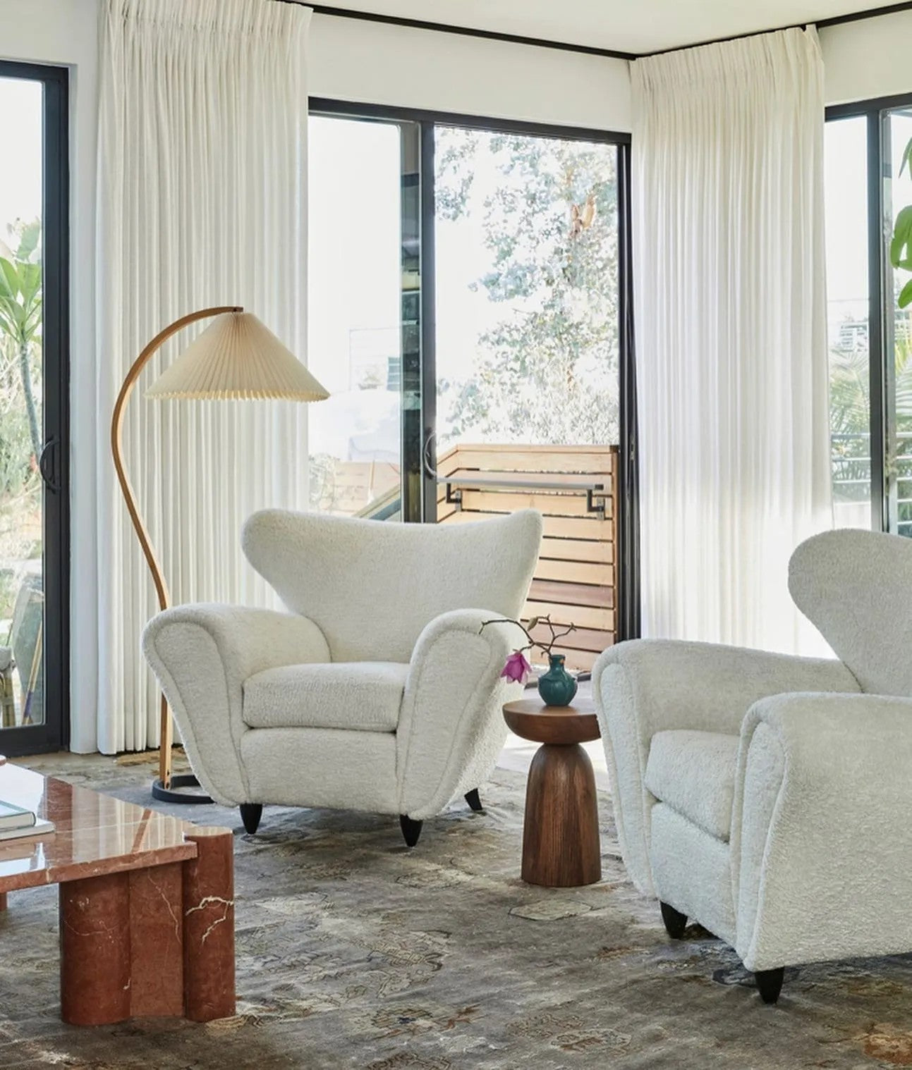 Mid-Century Floor Lamp | Beech Wood & Linen | White, Beige, Brown