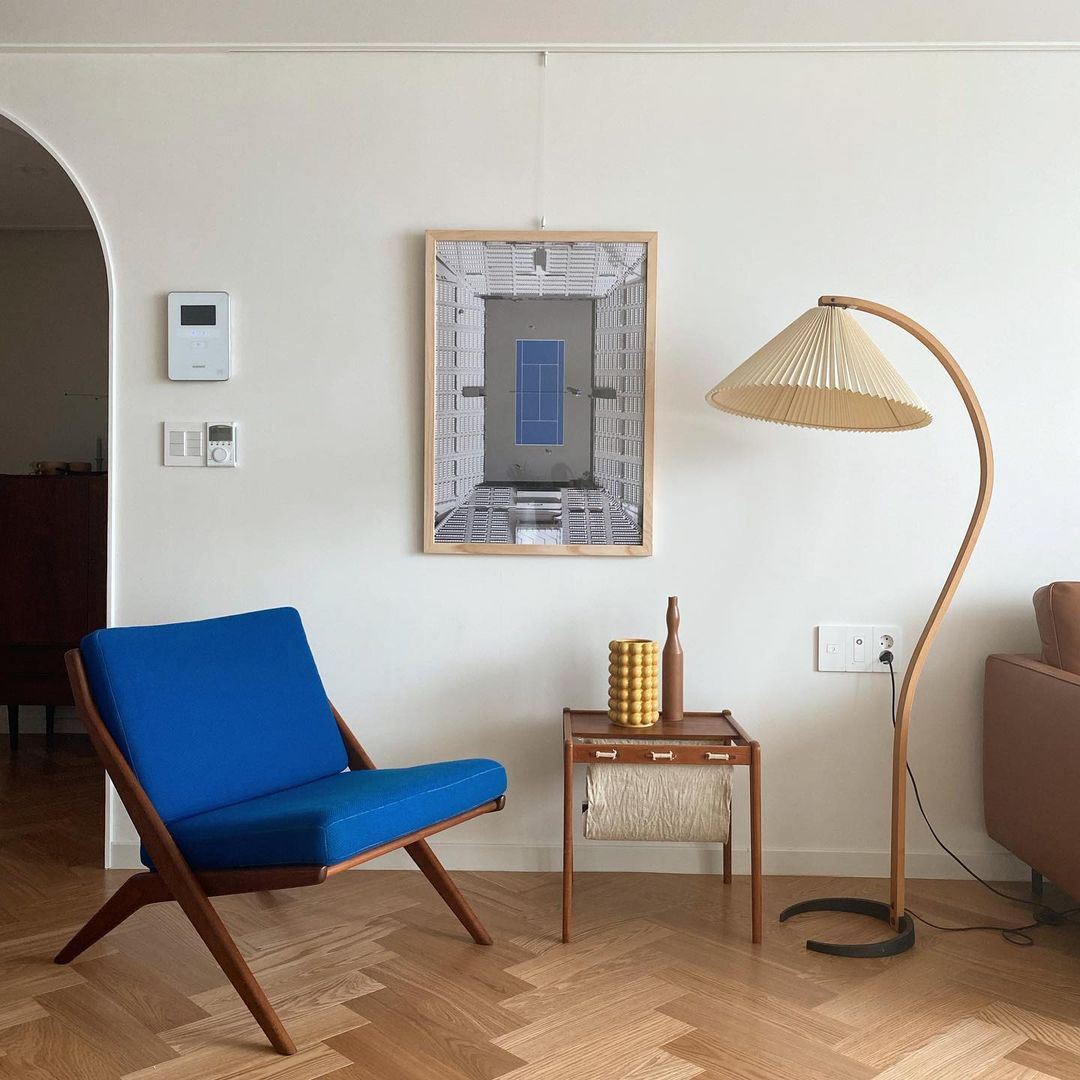 Mid-Century Floor Lamp | Beech Wood & Linen | White, Beige, Brown