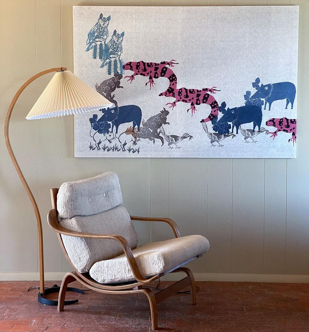 Mid-Century Floor Lamp | Beech Wood & Linen | White, Beige, Brown