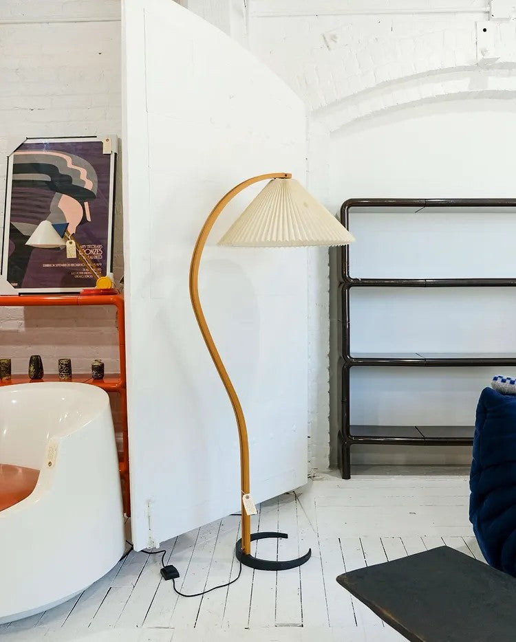 Mid-Century Floor Lamp | Beech Wood & Linen | White, Beige, Brown