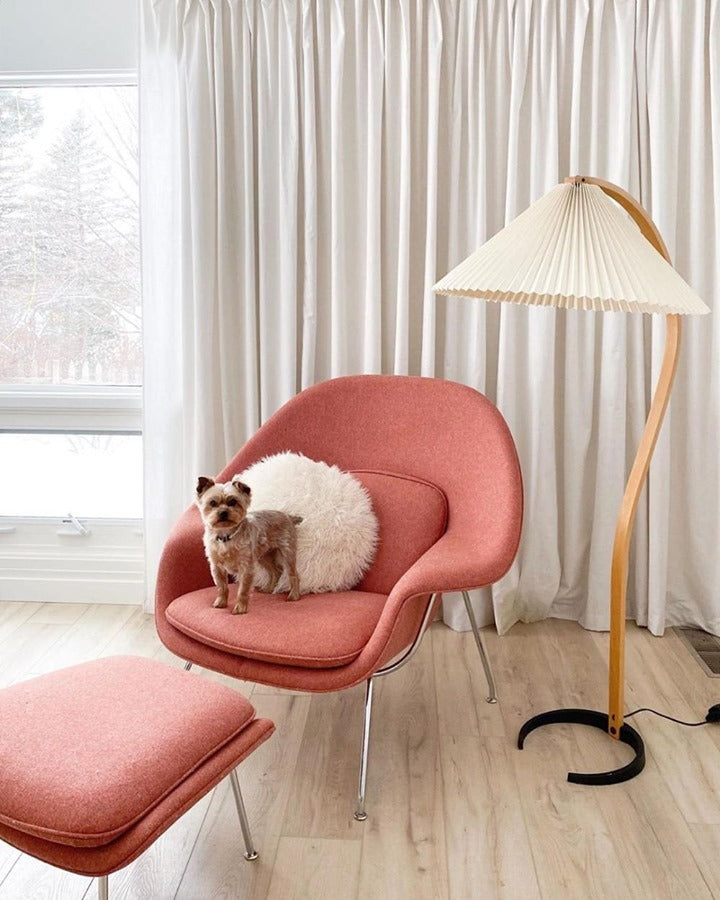 Mid-Century Floor Lamp | Beech Wood & Linen | White, Beige, Brown