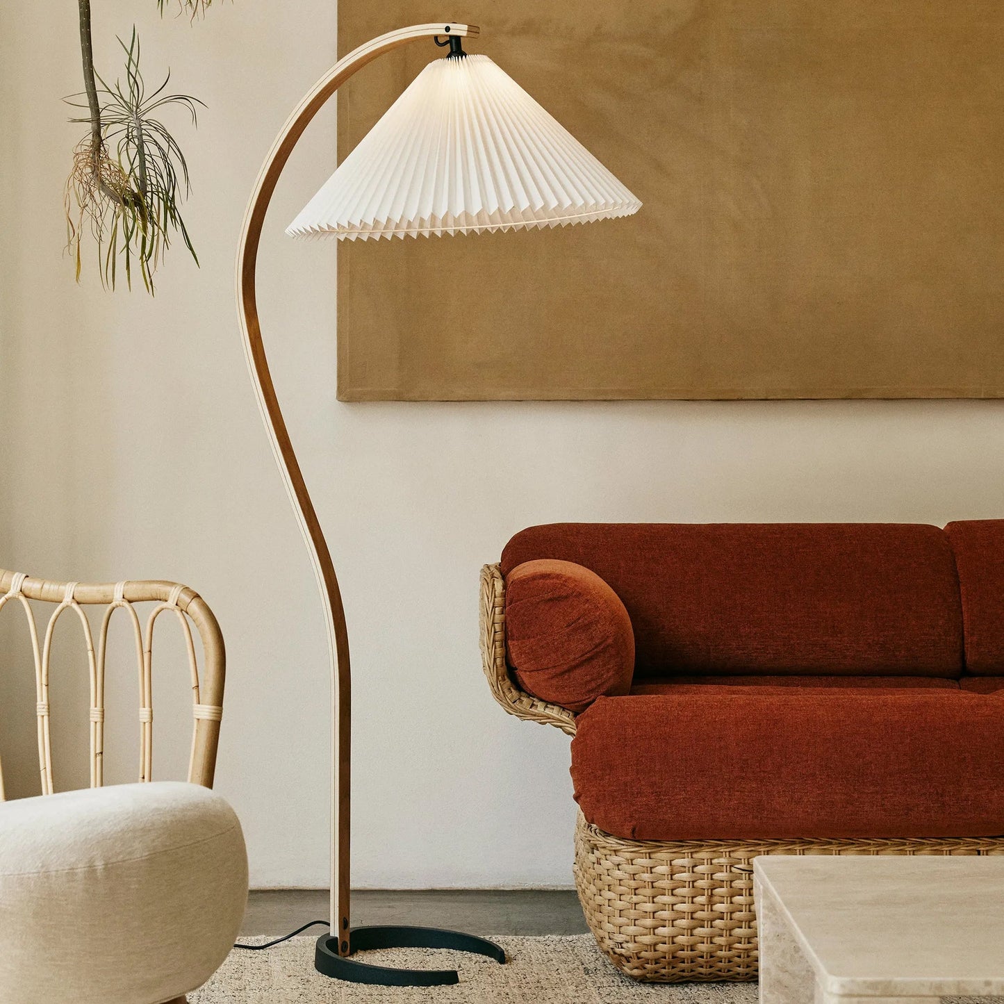 Mid-Century Floor Lamp | Beech Wood & Linen | White, Beige, Brown