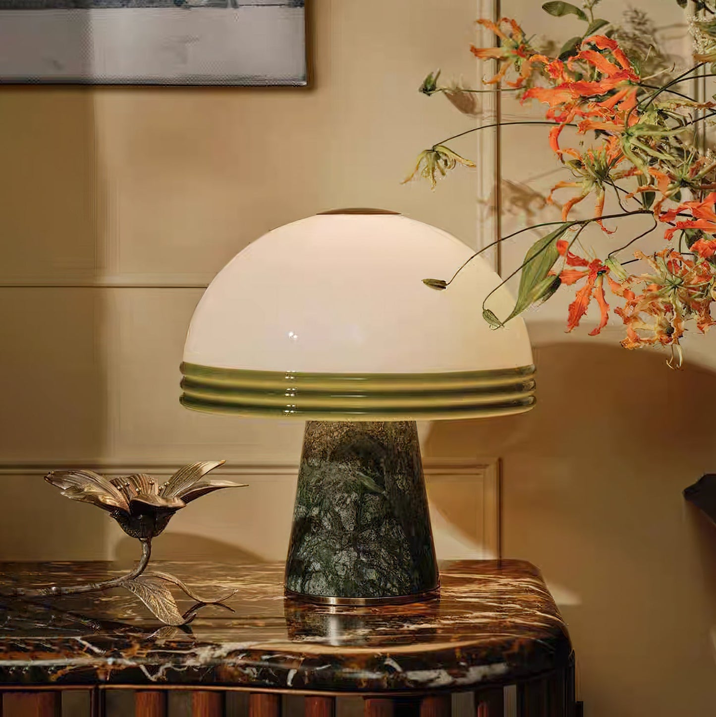 Marble Table Lamp | Green Marble Base | White Glass Shade