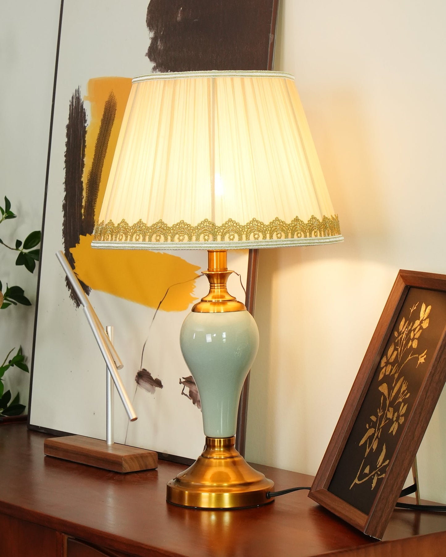 Chaslyn Desk Lamp | Brass, Ceramic, Fabric | Blue