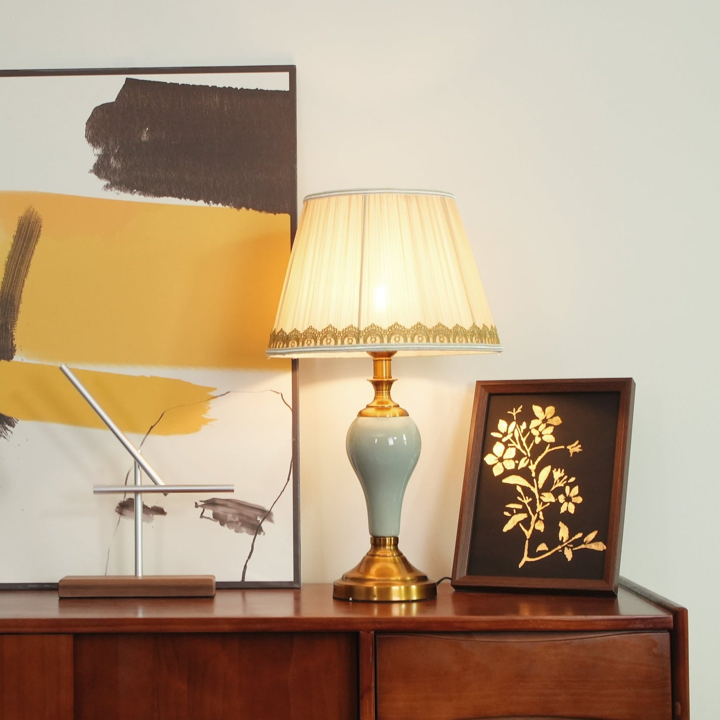 Chaslyn Desk Lamp | Brass, Ceramic, Fabric | Blue