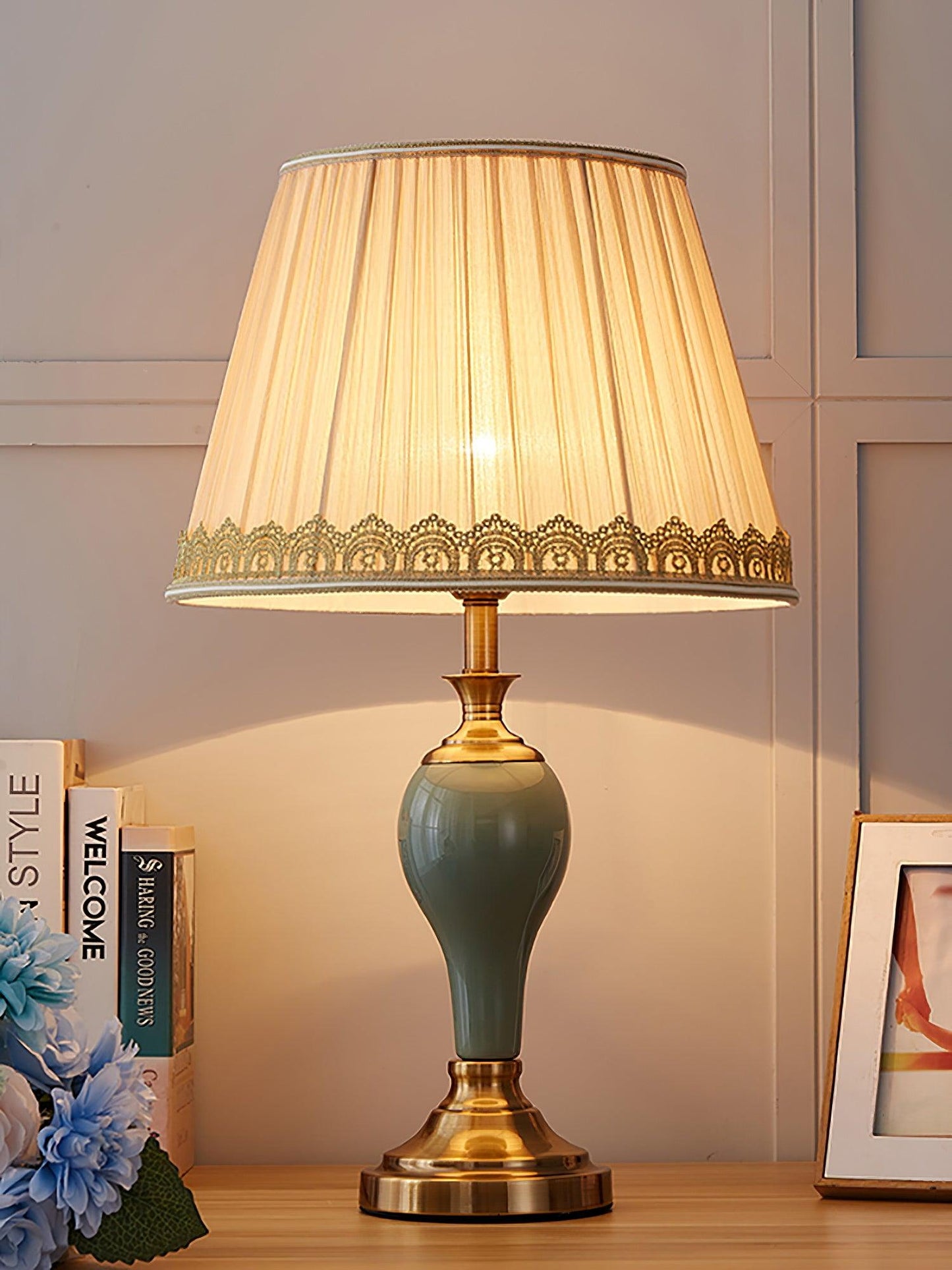 Chaslyn Desk Lamp | Brass, Ceramic, Fabric | Blue