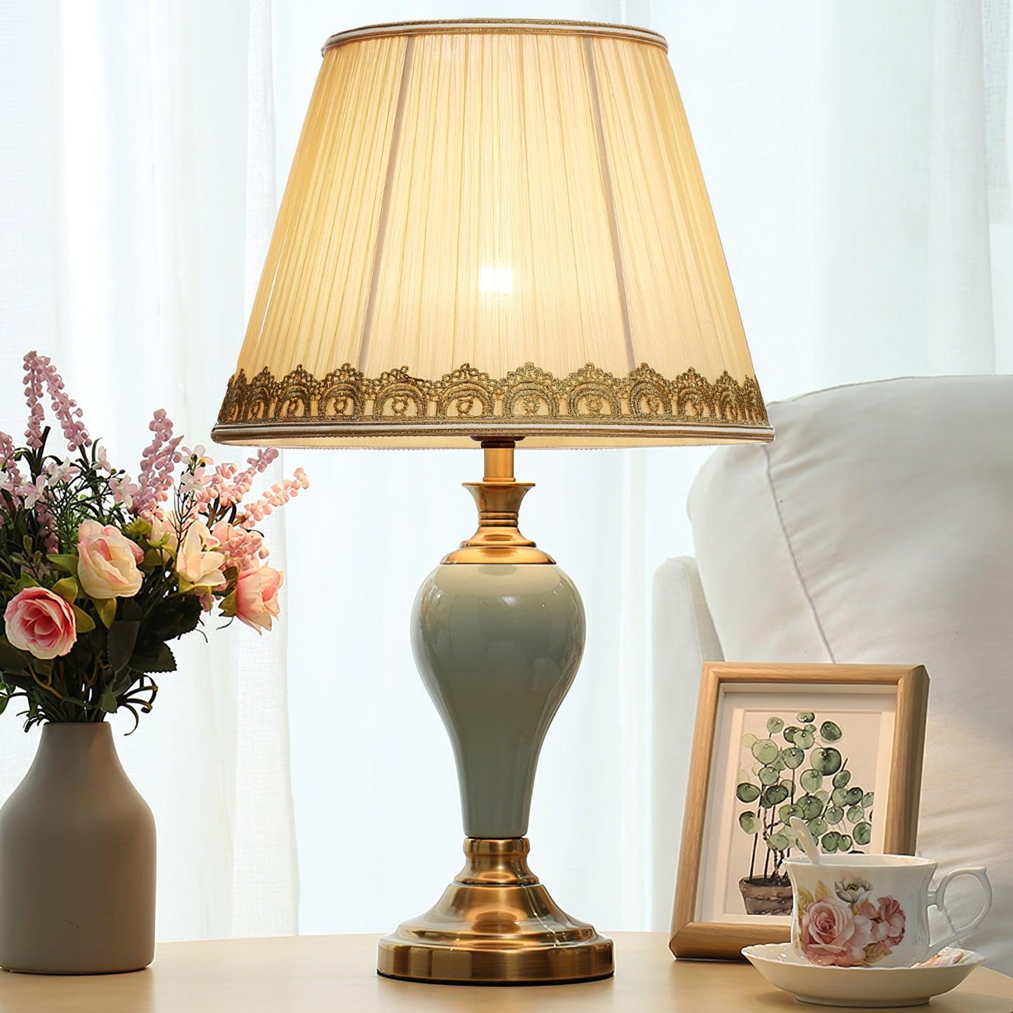 Chaslyn Desk Lamp | Brass, Ceramic, Fabric | Blue