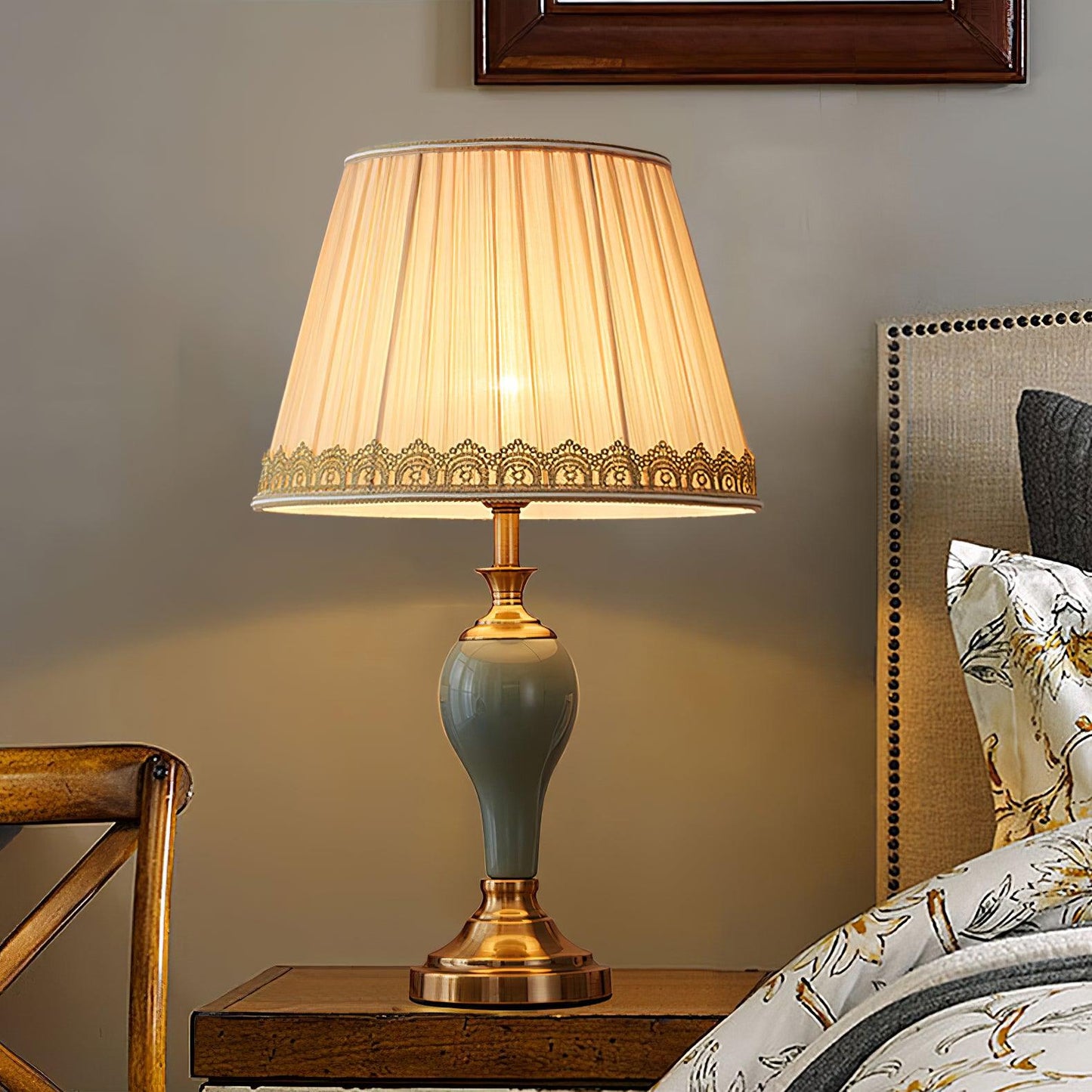 Chaslyn Desk Lamp | Brass, Ceramic, Fabric | Blue