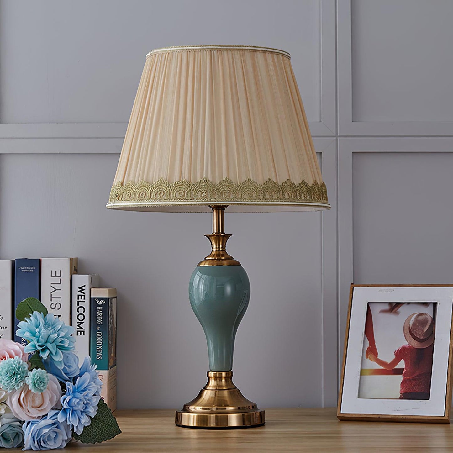 Chaslyn Desk Lamp | Brass, Ceramic, Fabric | Blue